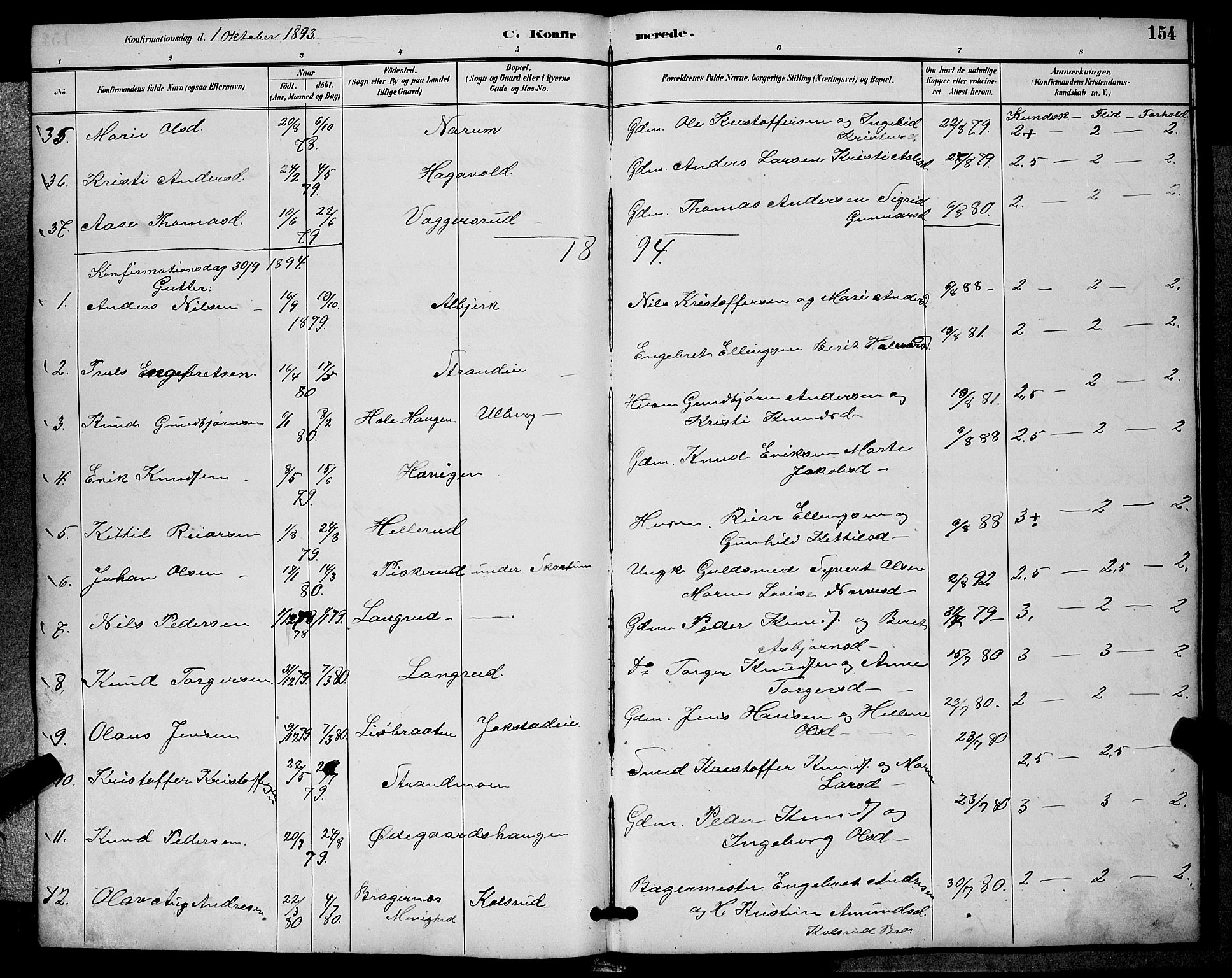 Sigdal kirkebøker, SAKO/A-245/G/Ga/L0005: Parish register (copy) no. I 5, 1886-1900, p. 154