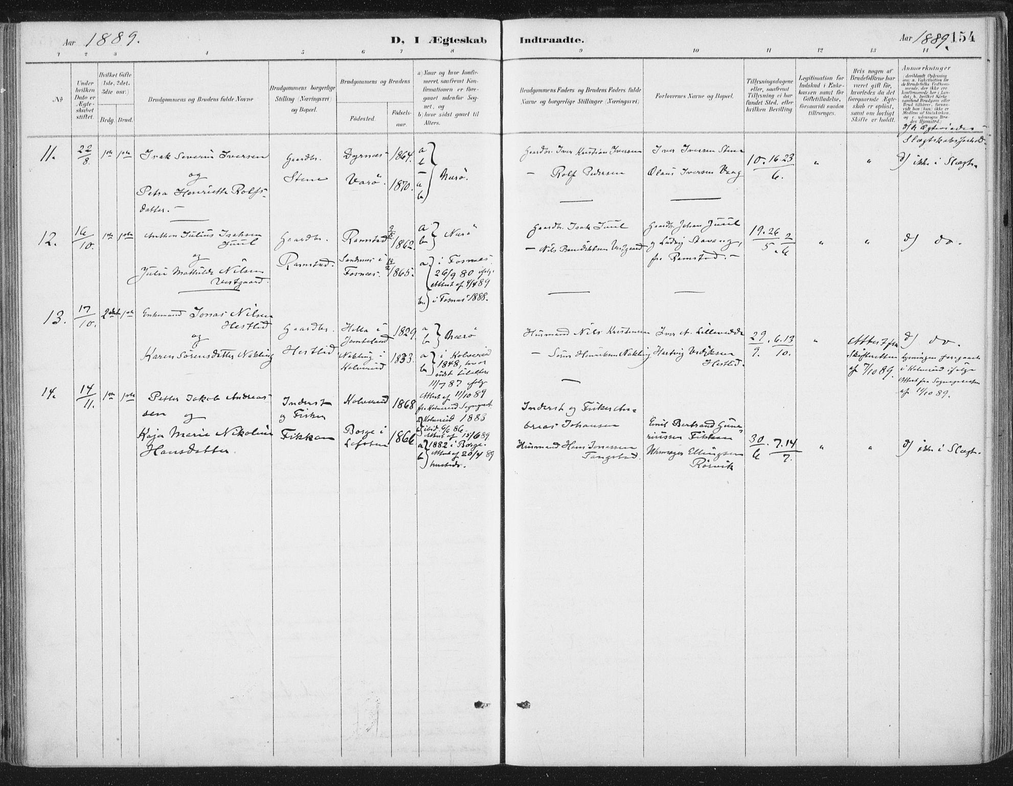 Ministerialprotokoller, klokkerbøker og fødselsregistre - Nord-Trøndelag, SAT/A-1458/784/L0673: Parish register (official) no. 784A08, 1888-1899, p. 154
