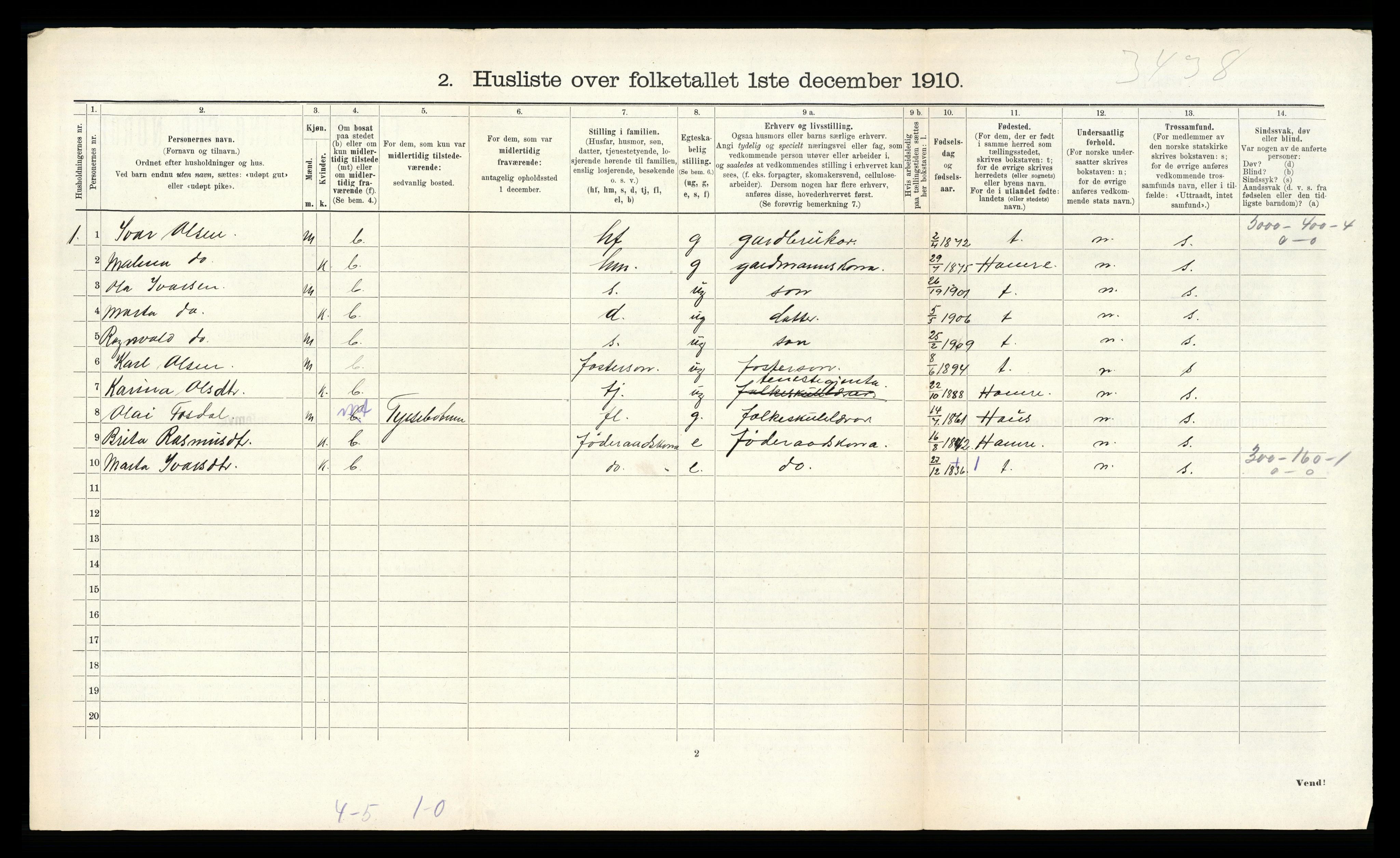 RA, 1910 census for Hosanger, 1910, p. 649