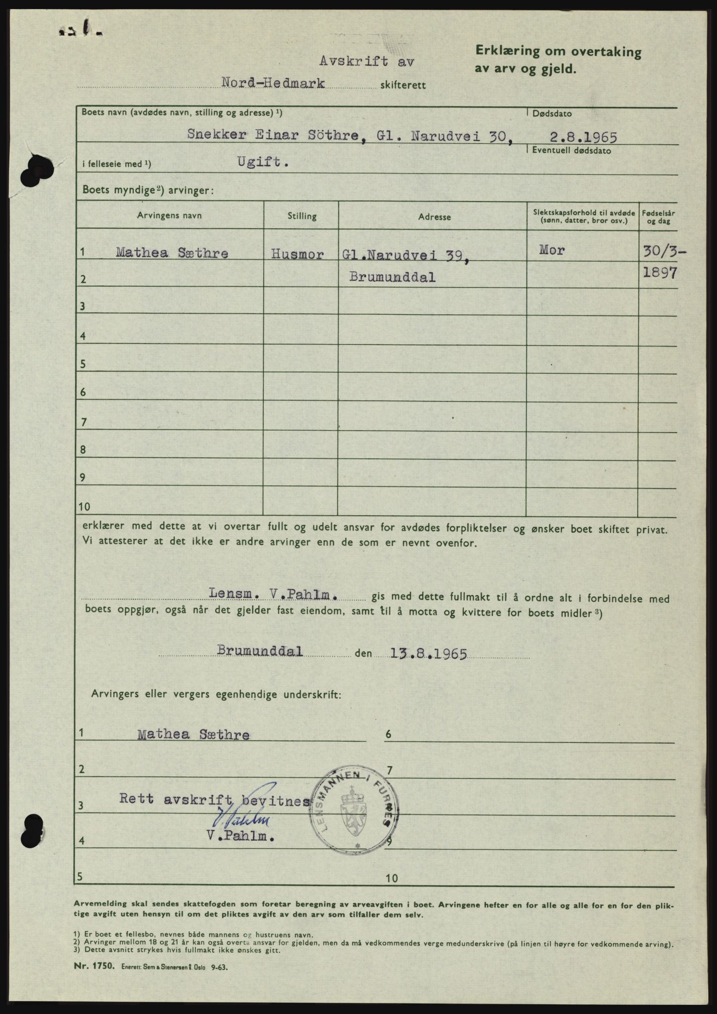 Nord-Hedmark sorenskriveri, AV/SAH-TING-012/H/Hc/L0022: Mortgage book no. 22, 1965-1965, Diary no: : 4052/1965