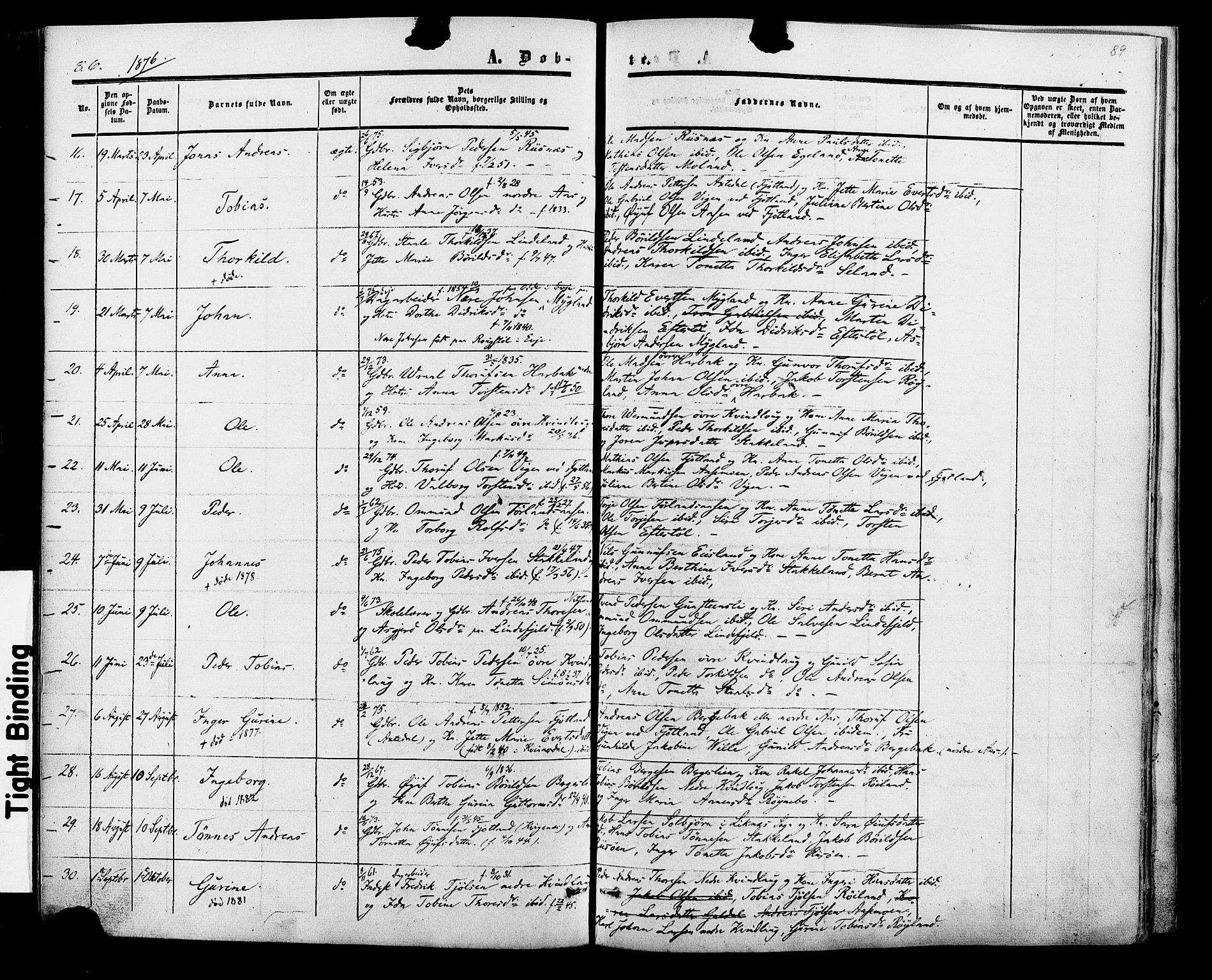 Fjotland sokneprestkontor, AV/SAK-1111-0010/F/Fa/L0001: Parish register (official) no. A 1, 1850-1879, p. 89