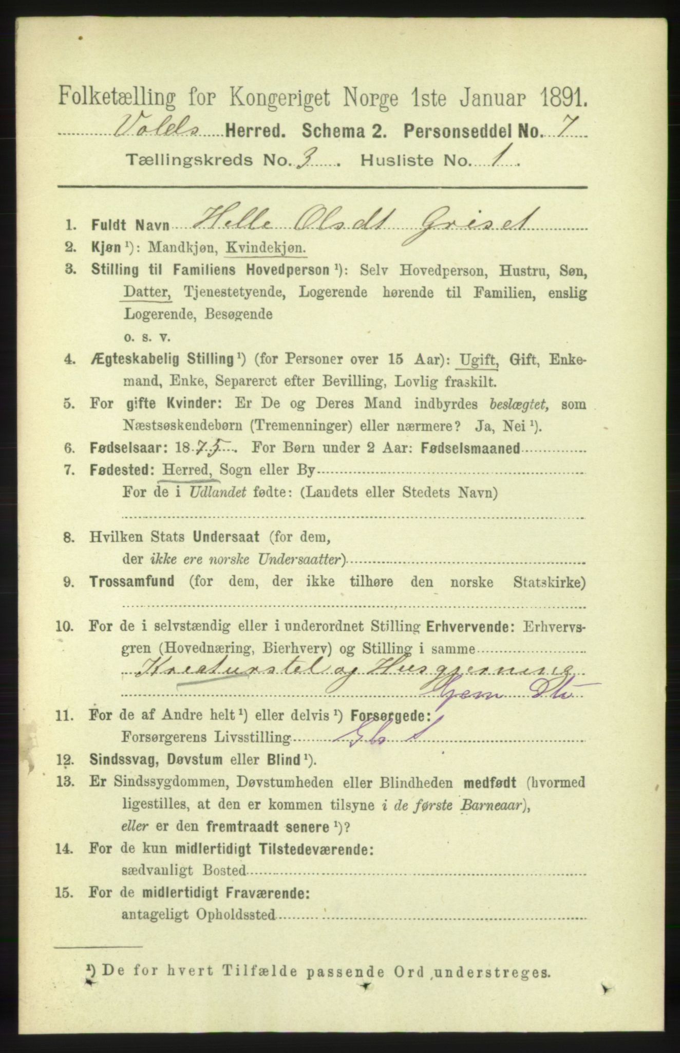 RA, 1891 census for 1537 Voll, 1891, p. 961