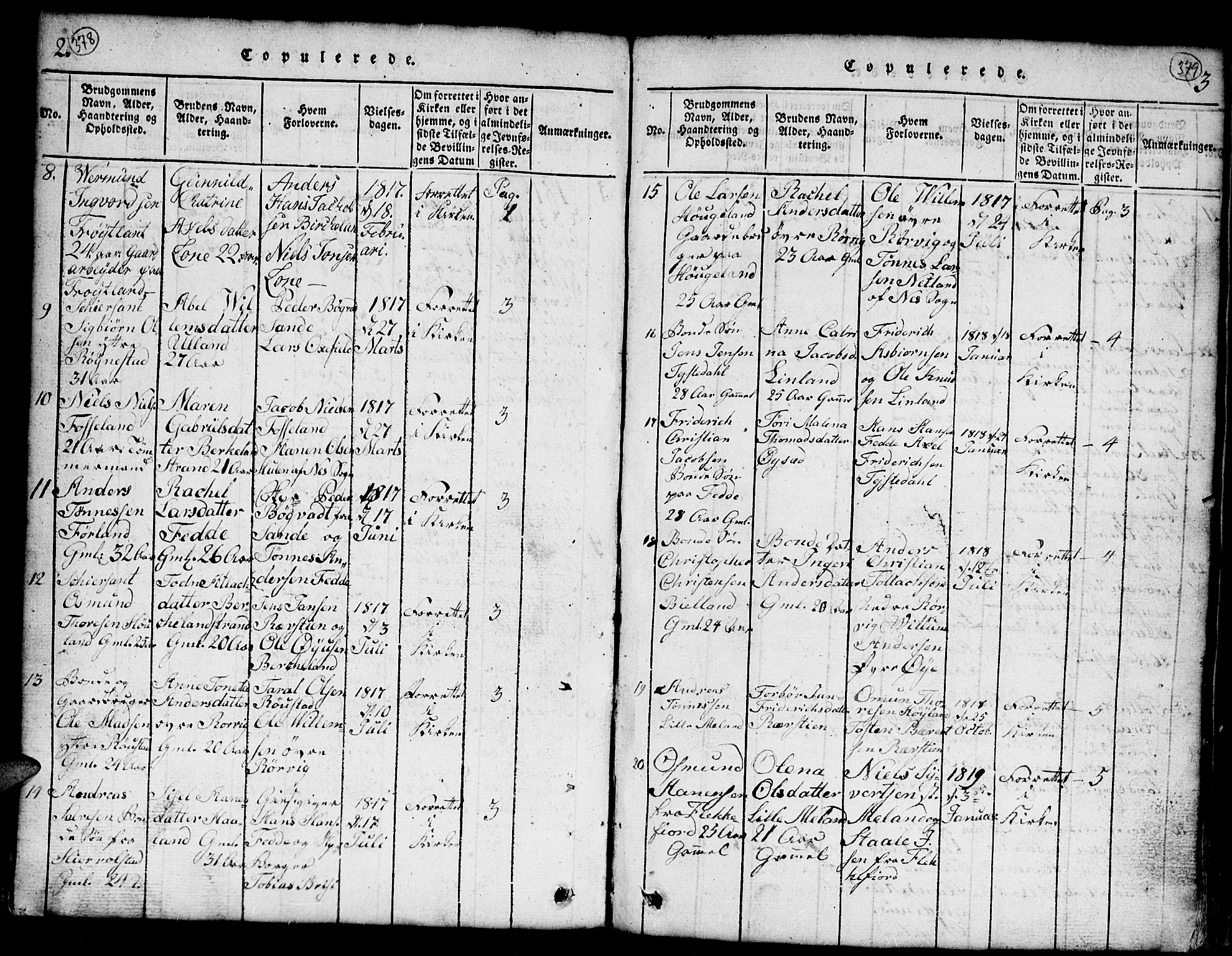 Kvinesdal sokneprestkontor, SAK/1111-0026/F/Fb/Fba/L0001: Parish register (copy) no. B 1, 1815-1839, p. 378-379