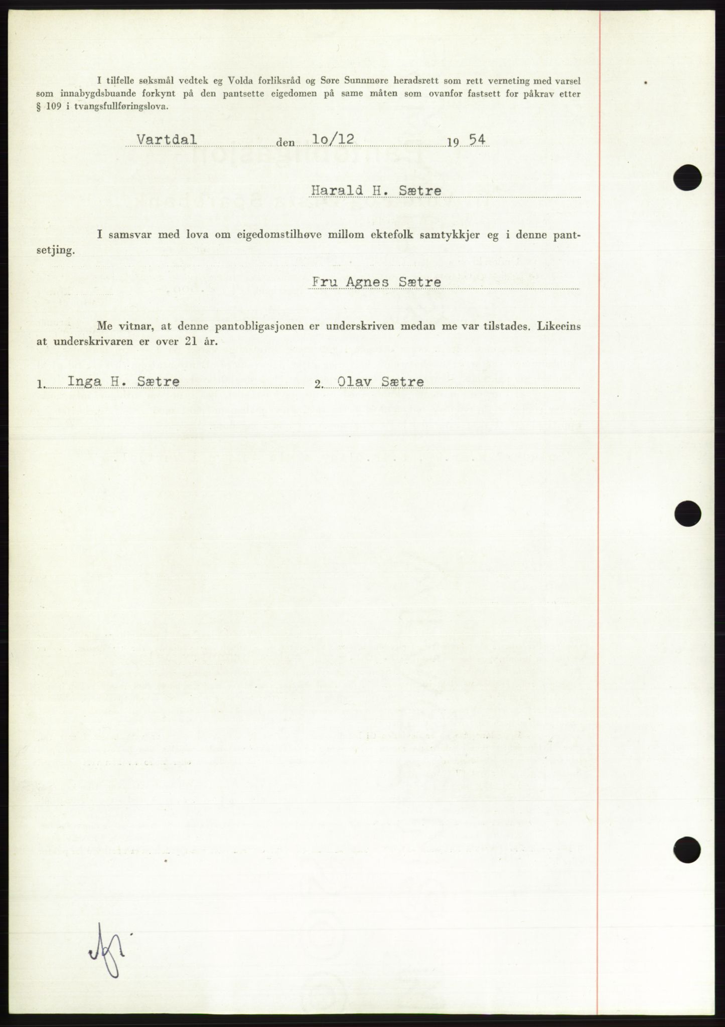 Søre Sunnmøre sorenskriveri, AV/SAT-A-4122/1/2/2C/L0126: Mortgage book no. 14B, 1954-1955, Diary no: : 3297/1954