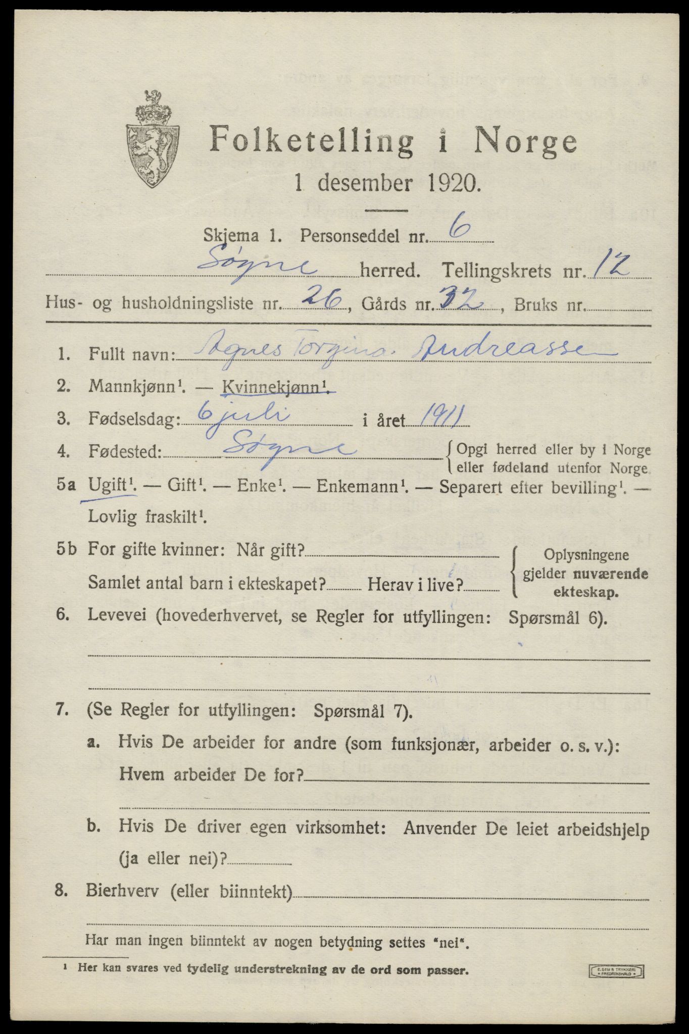SAK, 1920 census for Søgne, 1920, p. 6187