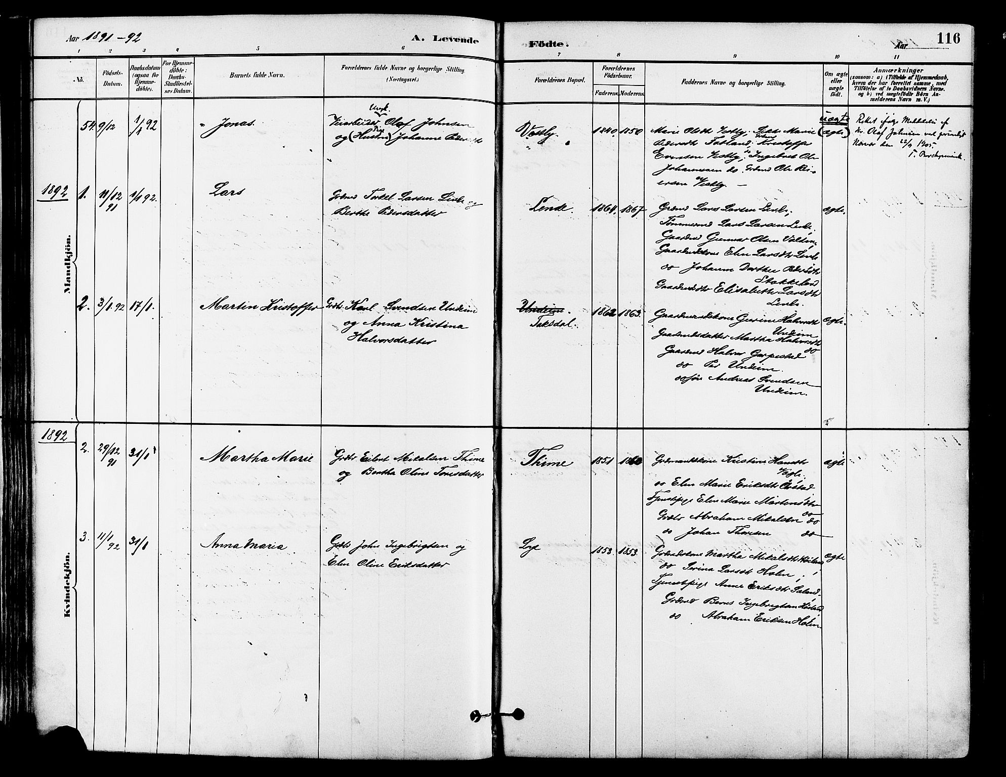 Lye sokneprestkontor, AV/SAST-A-101794/001/30BA/L0009: Parish register (official) no. A 8, 1881-1892, p. 116