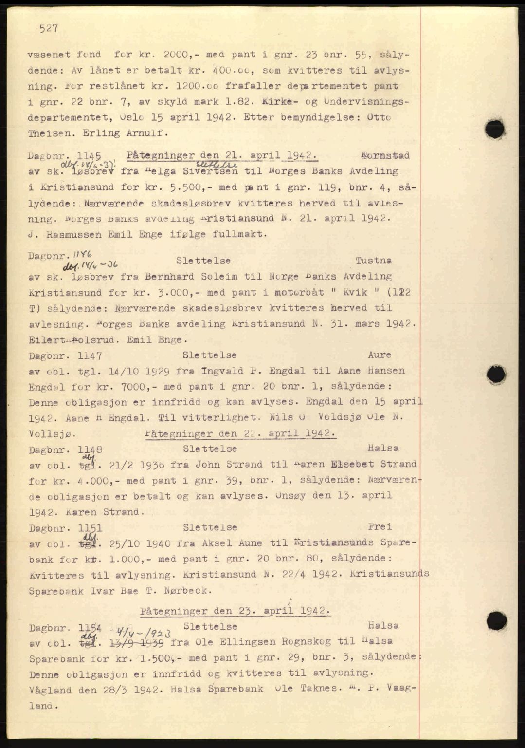 Nordmøre sorenskriveri, AV/SAT-A-4132/1/2/2Ca: Mortgage book no. C81, 1940-1945, Diary no: : 1145/1942