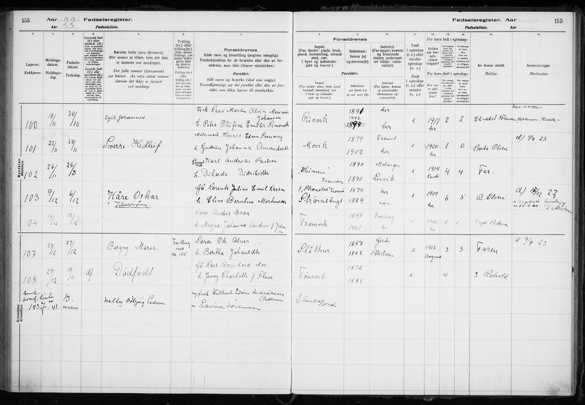 Tromsøysund sokneprestkontor, AV/SATØ-S-1304/H/Ha/L0079: Birth register no. 79, 1916-1924, p. 155