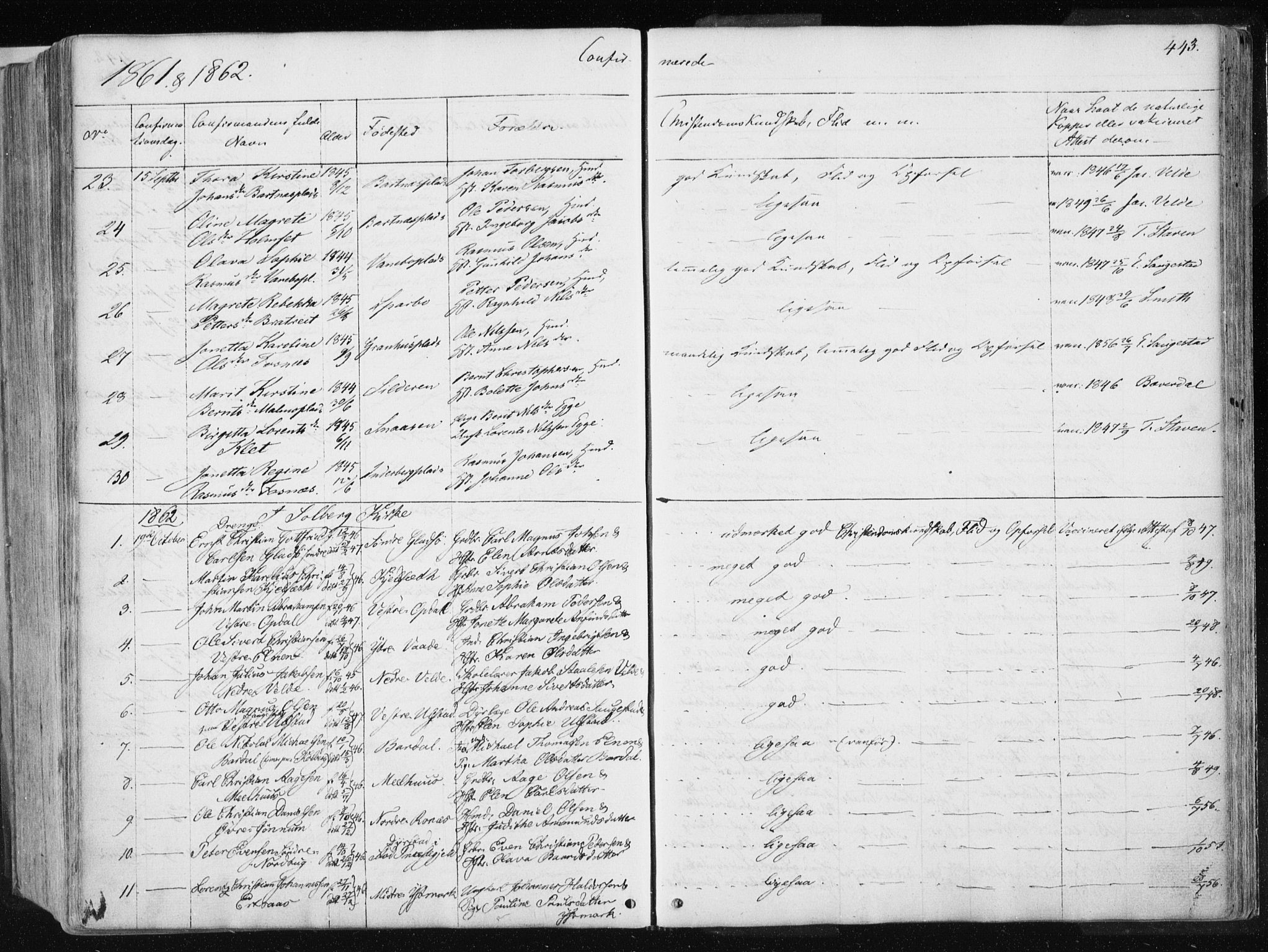 Ministerialprotokoller, klokkerbøker og fødselsregistre - Nord-Trøndelag, SAT/A-1458/741/L0393: Parish register (official) no. 741A07, 1849-1863, p. 443
