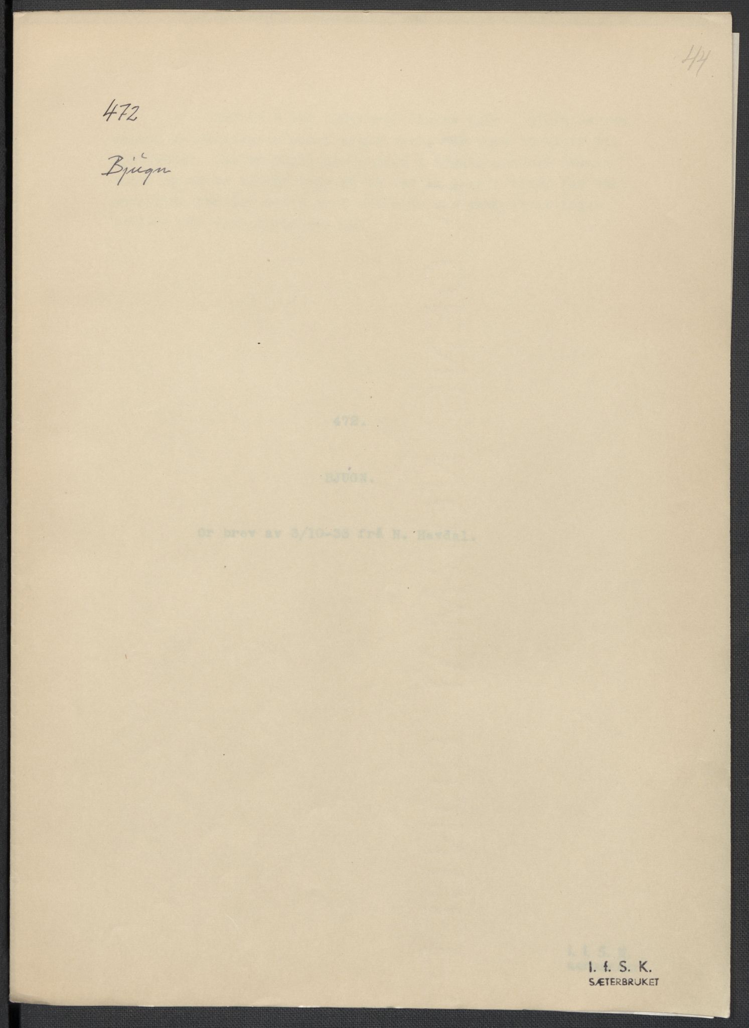 Instituttet for sammenlignende kulturforskning, AV/RA-PA-0424/F/Fc/L0013/0003: Eske B13: / Sør-Trøndelag (perm XXXVII), 1933-1936, p. 44