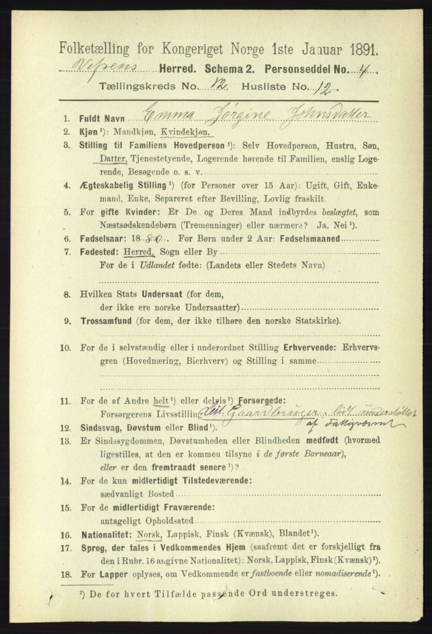 RA, 1891 census for 1824 Vefsn, 1891, p. 6153