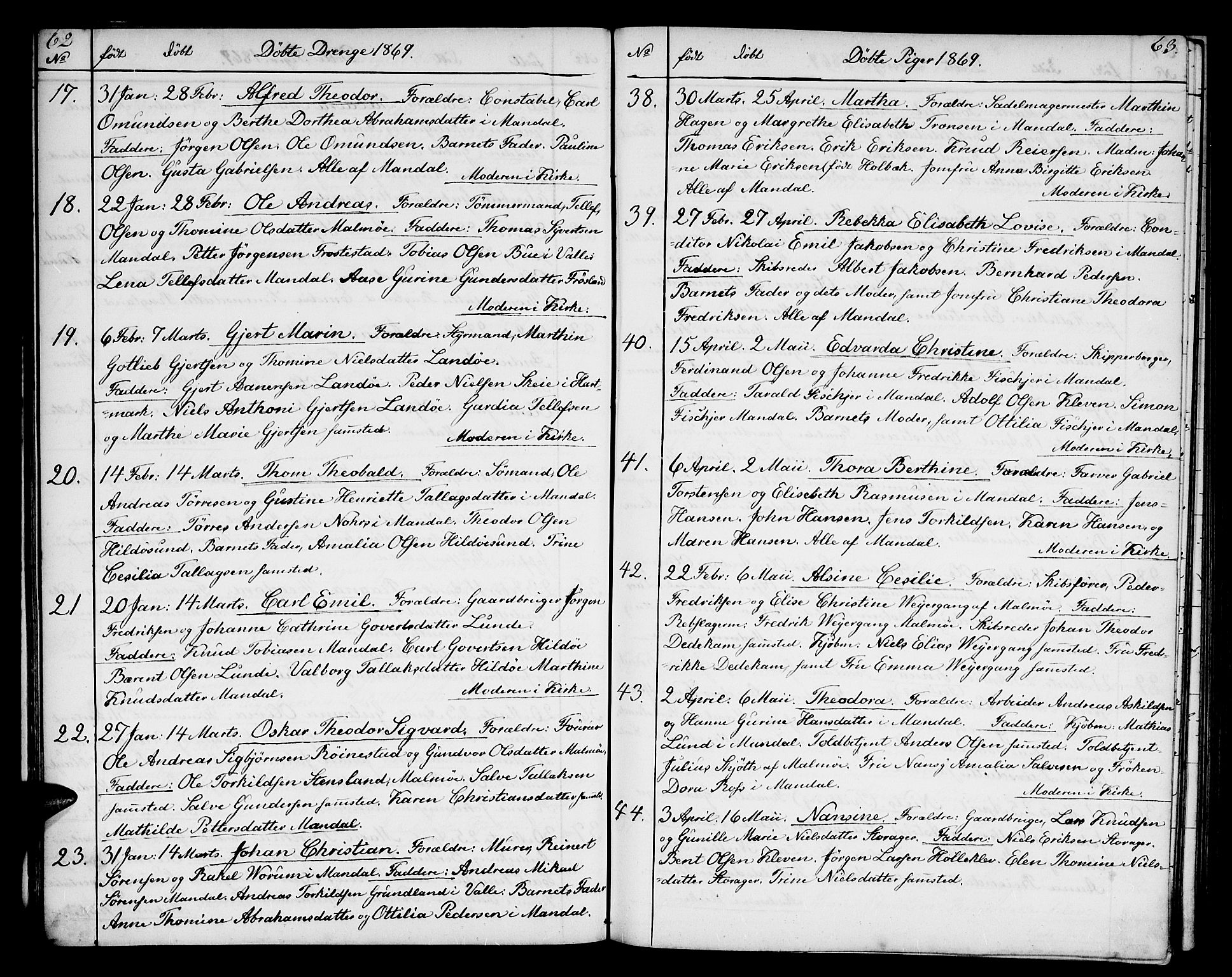 Mandal sokneprestkontor, SAK/1111-0030/F/Fb/Fba/L0009: Parish register (copy) no. B 3, 1867-1877, p. 62-63
