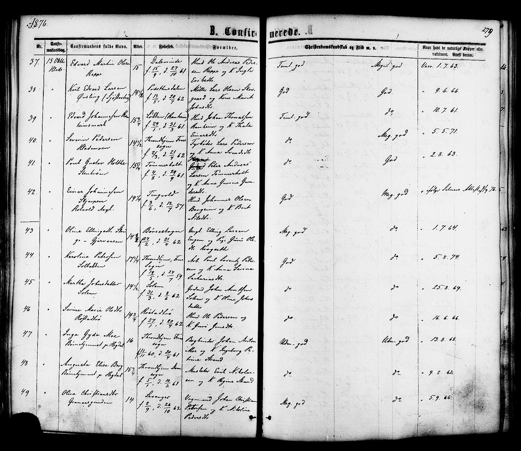 Ministerialprotokoller, klokkerbøker og fødselsregistre - Sør-Trøndelag, SAT/A-1456/606/L0293: Parish register (official) no. 606A08, 1866-1877, p. 279