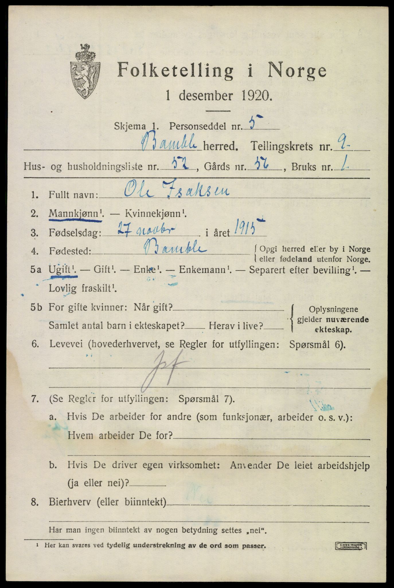 SAKO, 1920 census for Bamble, 1920, p. 8317