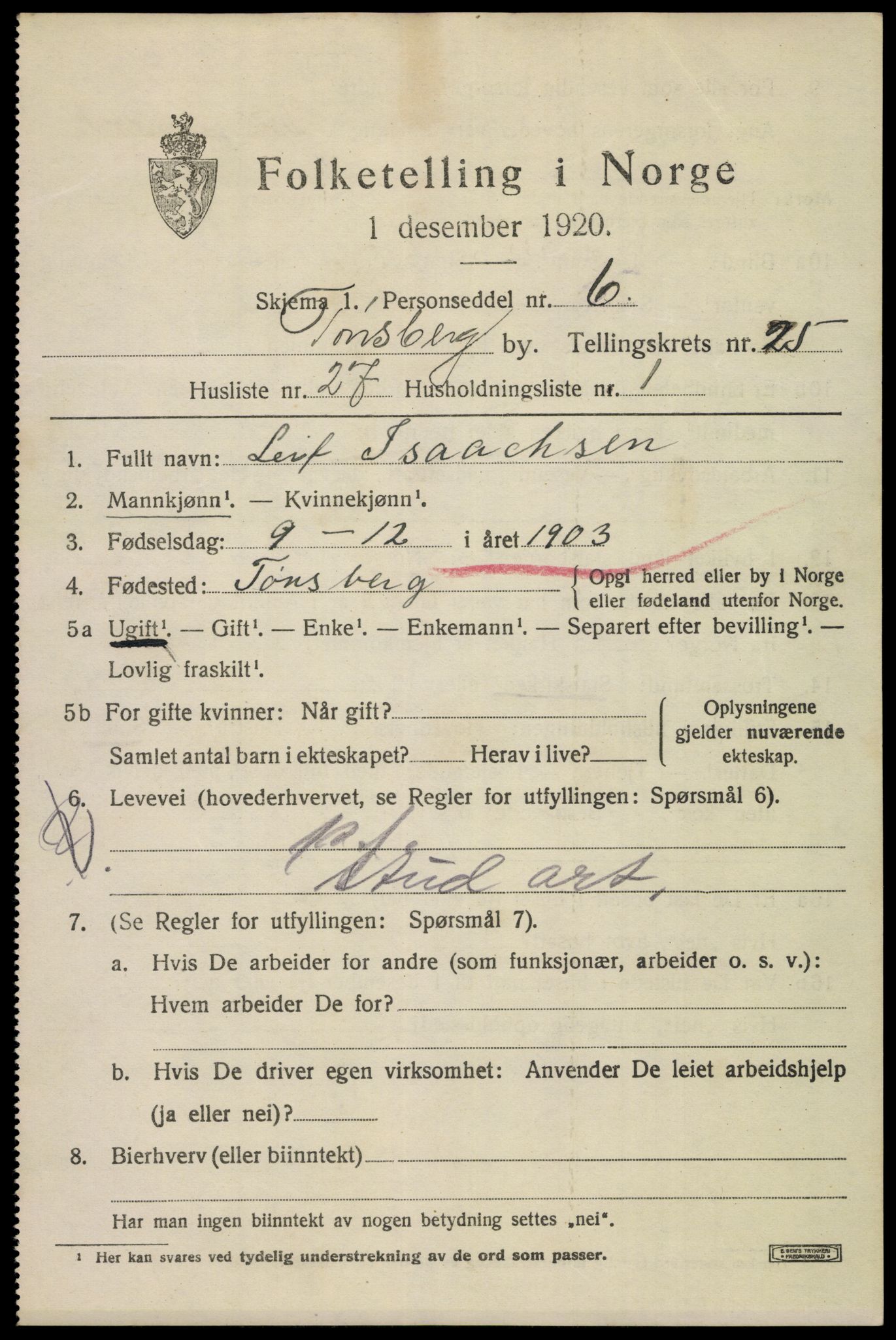 SAKO, 1920 census for Tønsberg, 1920, p. 34983