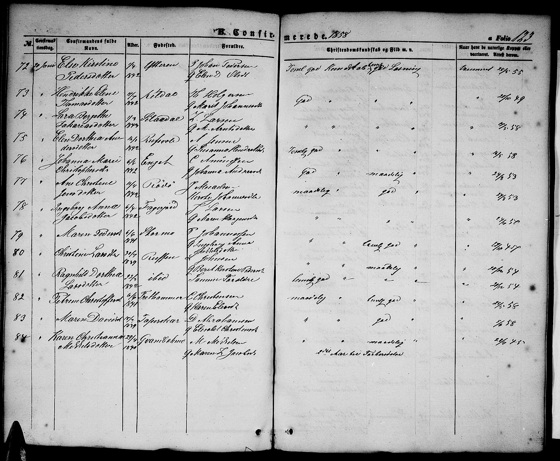 Ministerialprotokoller, klokkerbøker og fødselsregistre - Nordland, AV/SAT-A-1459/827/L0414: Parish register (copy) no. 827C03, 1853-1865, p. 123