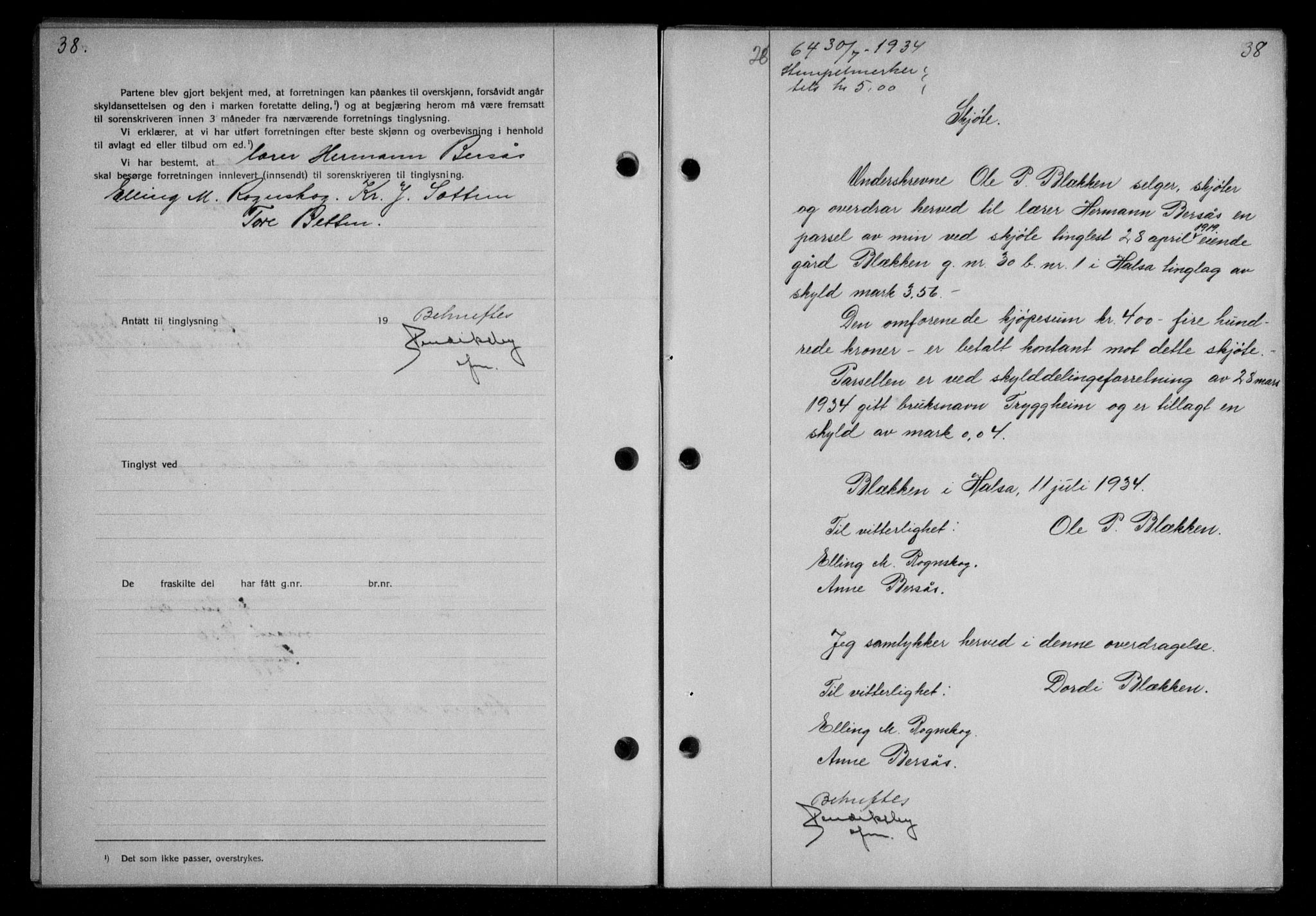 Nordmøre sorenskriveri, AV/SAT-A-4132/1/2/2Ca/L0082: Mortgage book no. 72, 1934-1934, Deed date: 30.07.1934