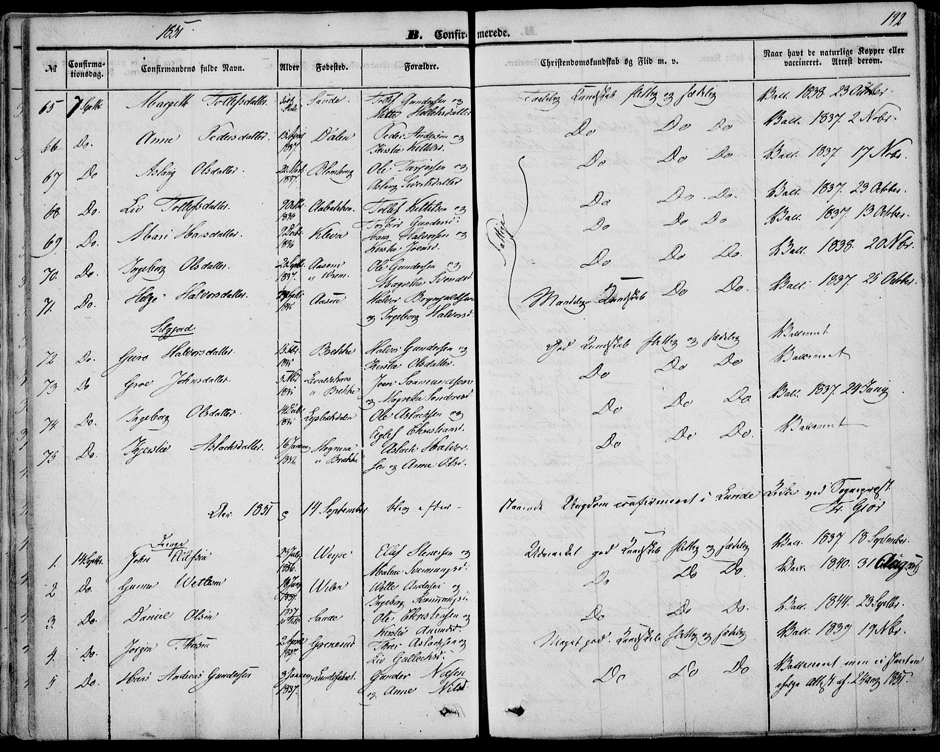 Bø kirkebøker, AV/SAKO-A-257/F/Fa/L0008: Parish register (official) no. 8, 1849-1861, p. 192