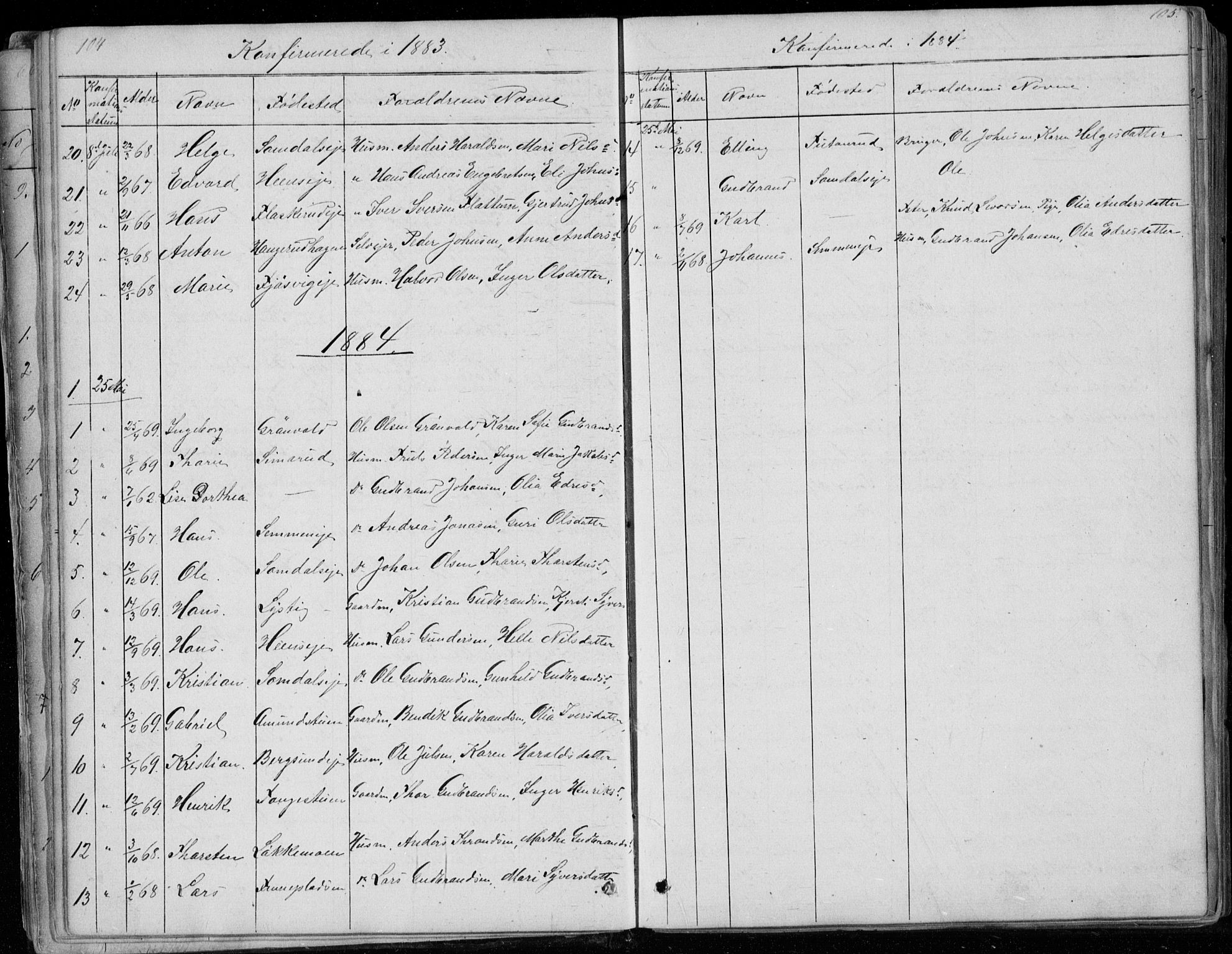 Ådal kirkebøker, AV/SAKO-A-248/G/Gc/L0001: Parish register (copy) no. III 1, 1862-1898, p. 104-105