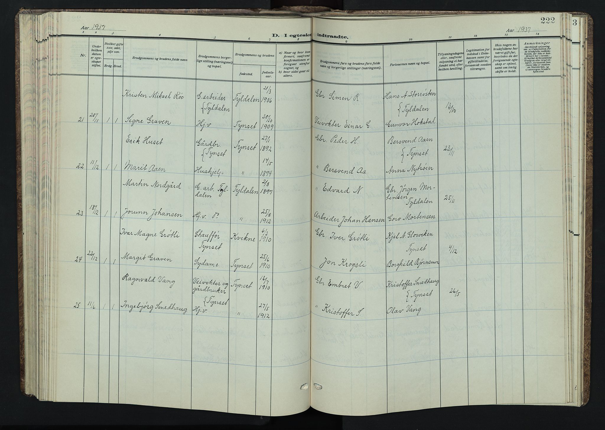 Tynset prestekontor, AV/SAH-PREST-058/H/Ha/Hab/L0012: Parish register (copy) no. 12, 1930-1944, p. 222