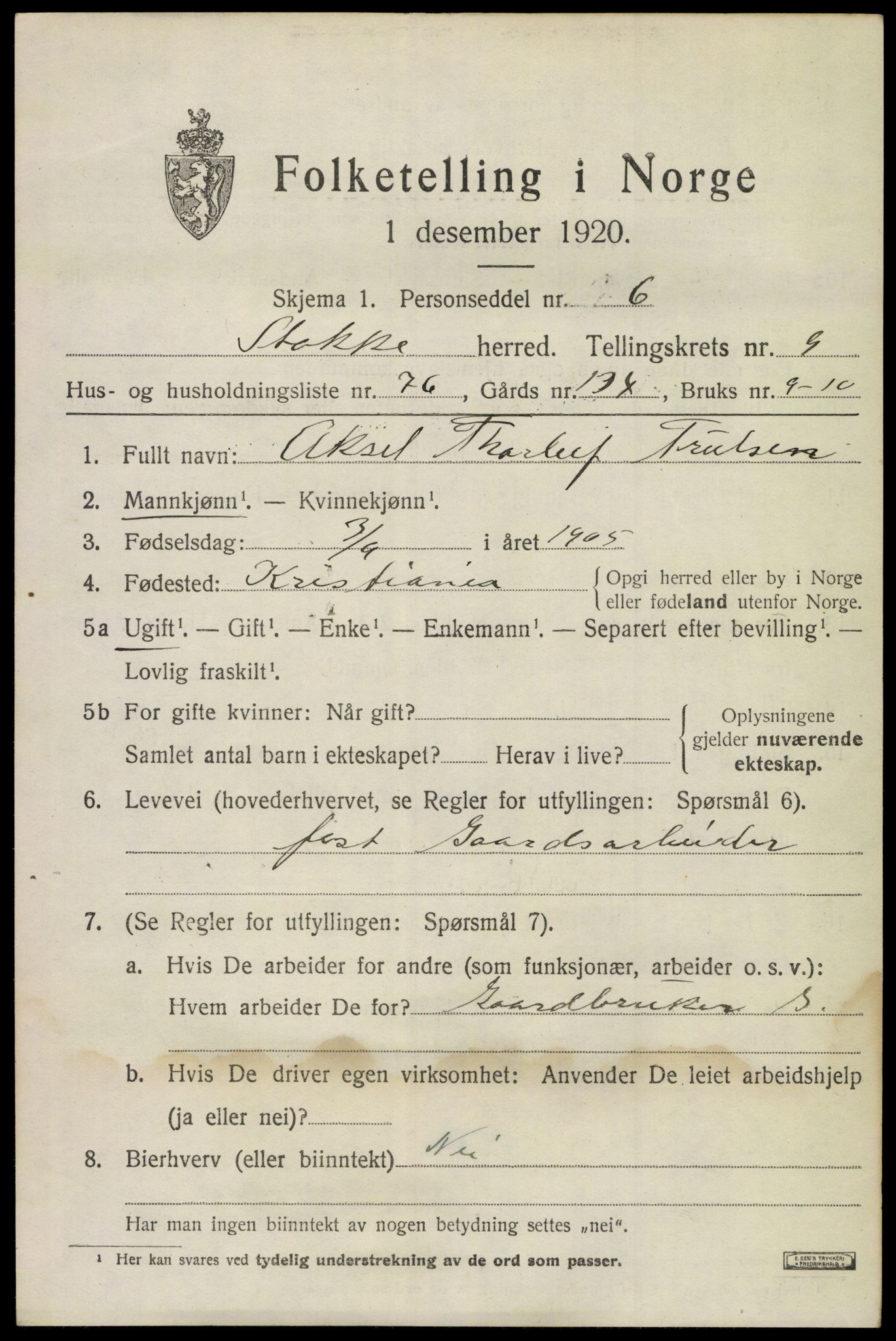 SAKO, 1920 census for Stokke, 1920, p. 11180