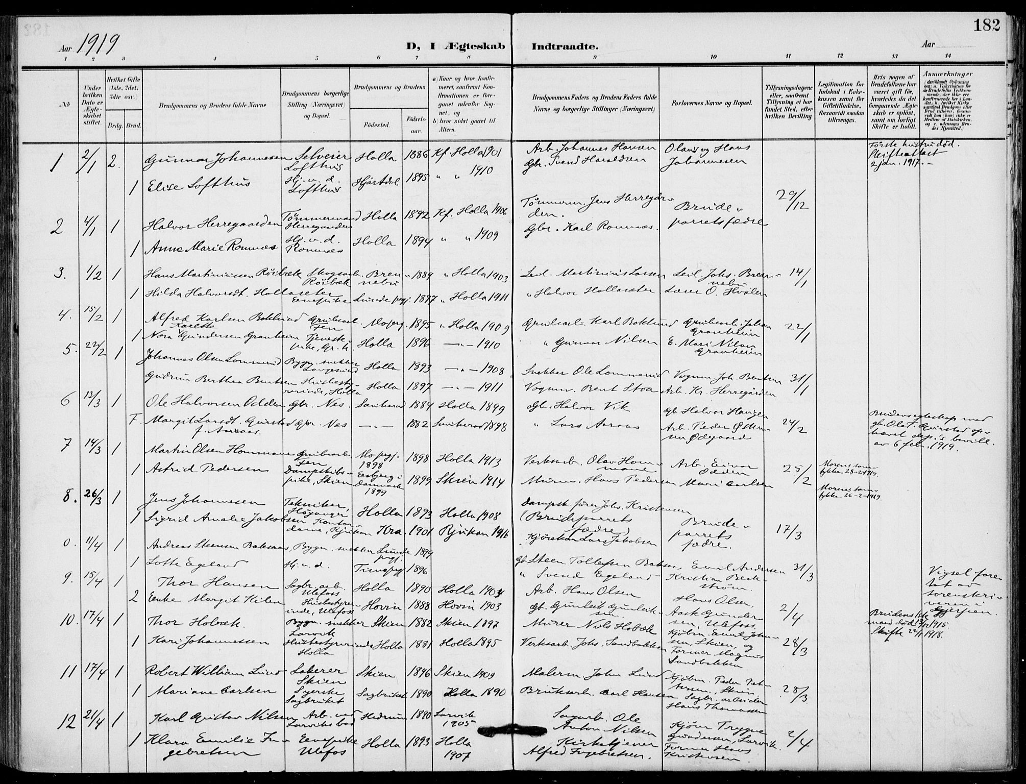 Holla kirkebøker, AV/SAKO-A-272/F/Fa/L0012: Parish register (official) no. 12, 1907-1923, p. 182