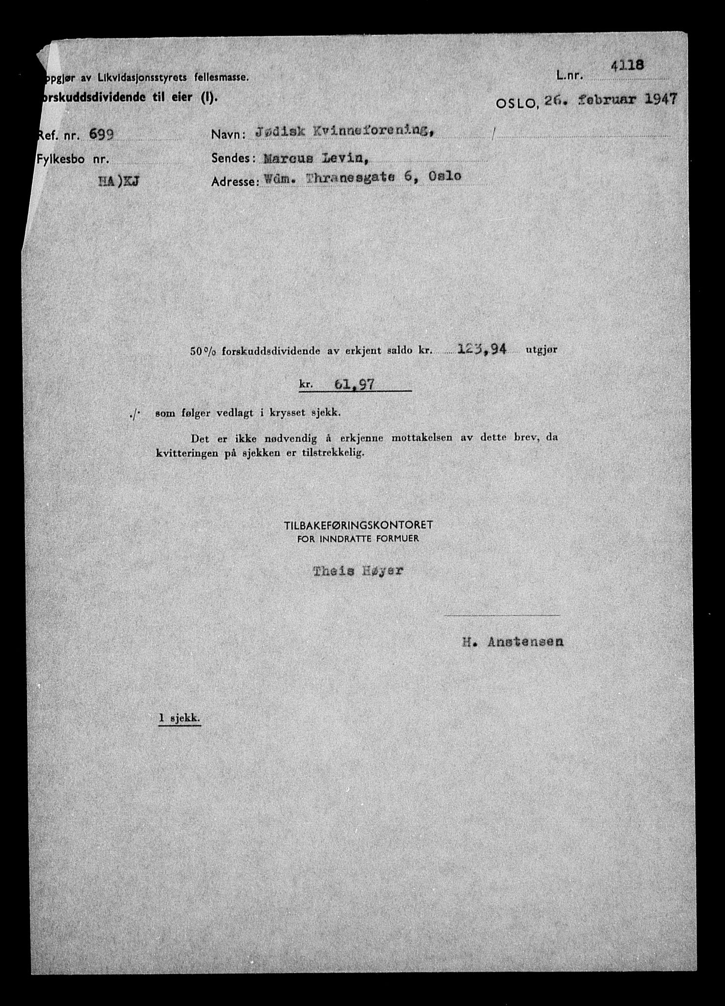 Justisdepartementet, Tilbakeføringskontoret for inndratte formuer, AV/RA-S-1564/H/Hc/Hcc/L0948: --, 1945-1947, p. 390