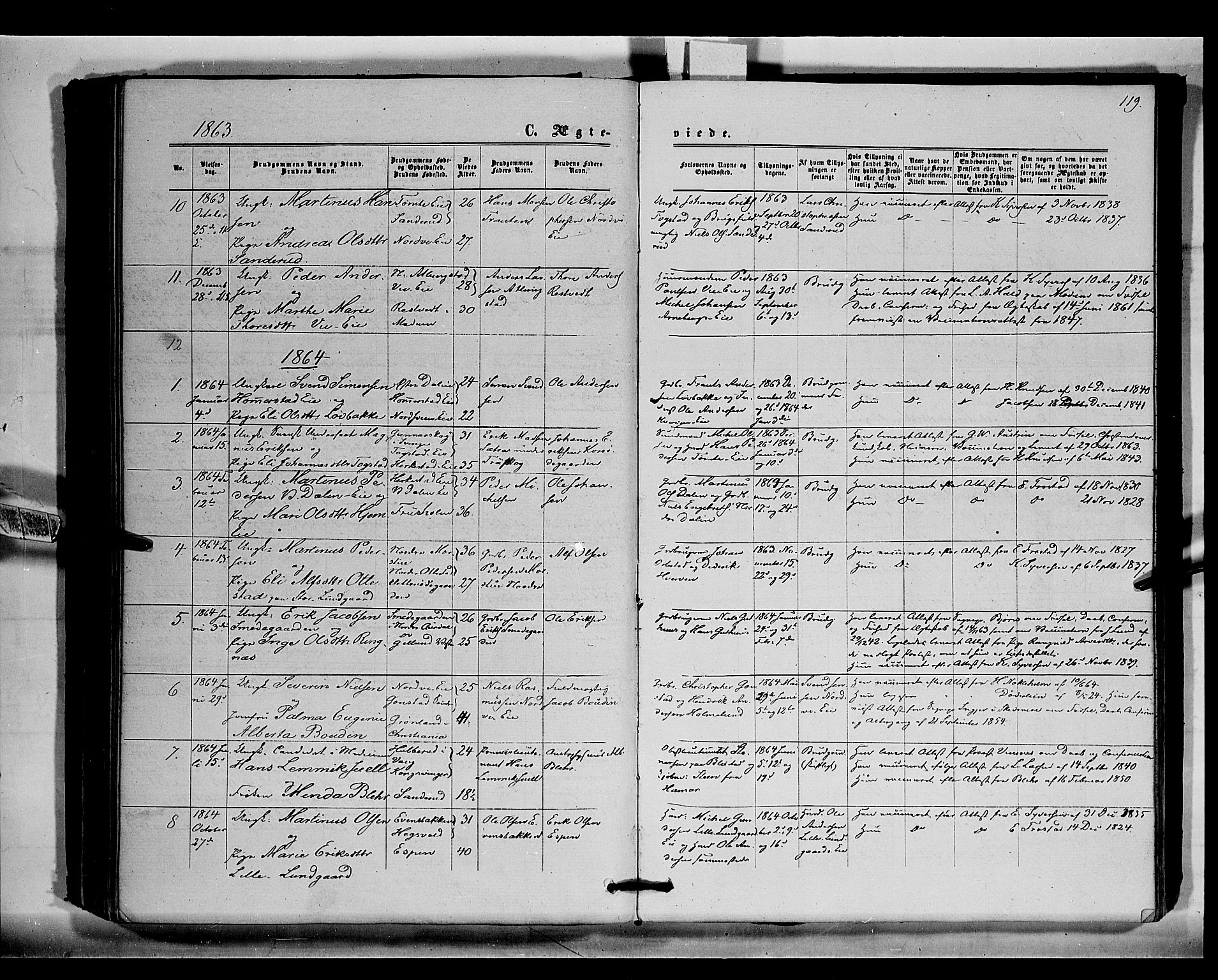 Stange prestekontor, SAH/PREST-002/K/L0015: Parish register (official) no. 15, 1862-1879, p. 119