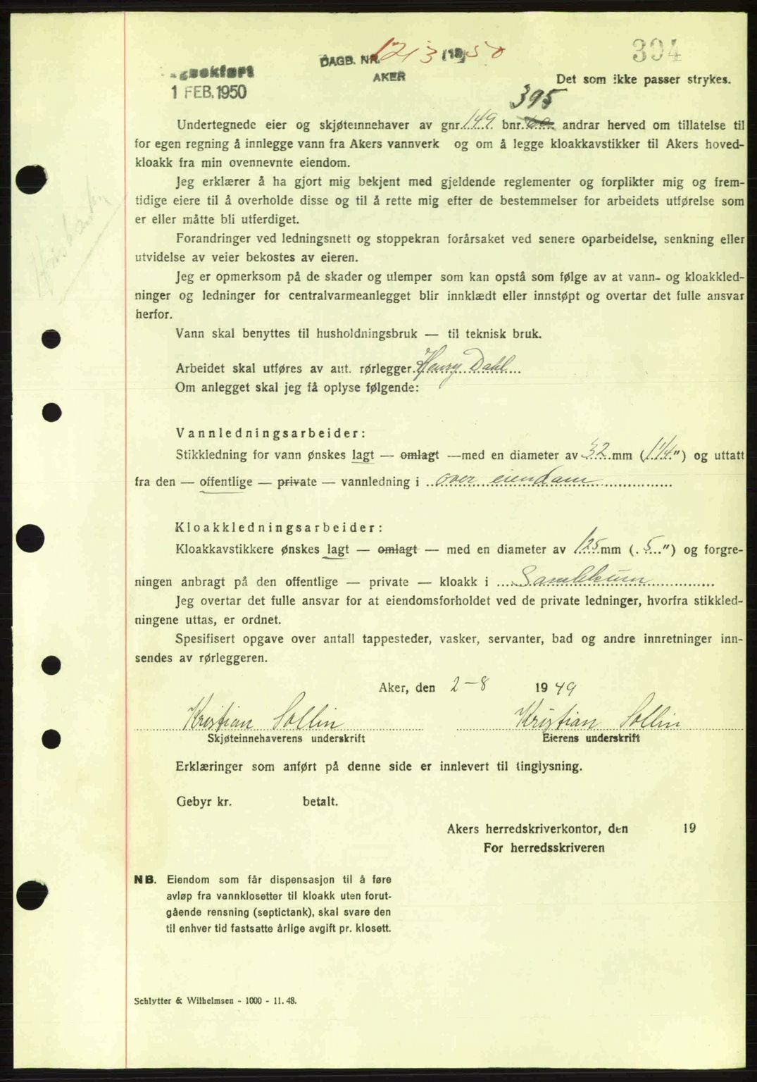 Oslo byskriverembete, AV/SAO-A-10227/G/Gb/Gbd/Gbda/L0017: Mortgage book no. A215, 1949-1950, Diary no: : 1213/1950
