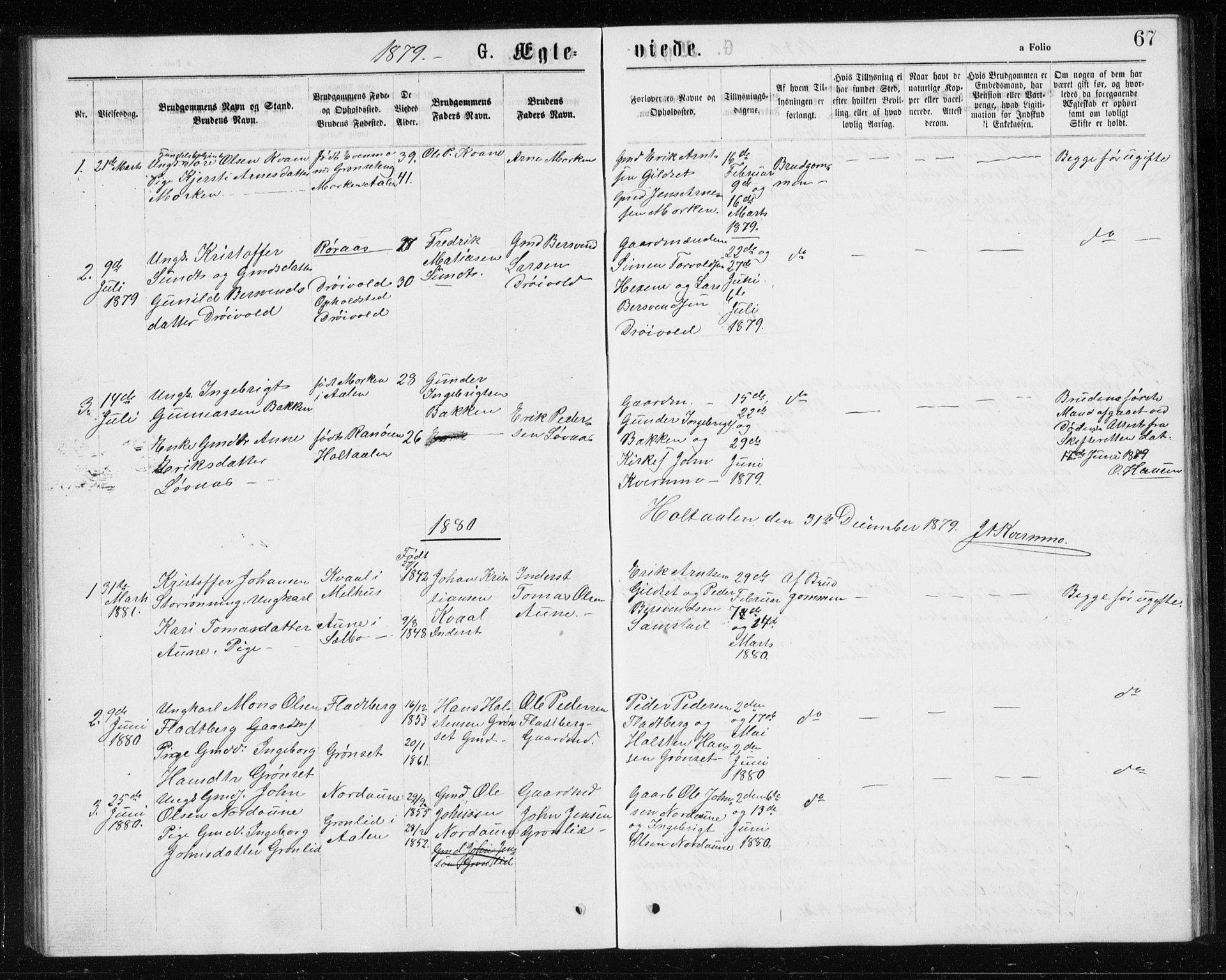 Ministerialprotokoller, klokkerbøker og fødselsregistre - Sør-Trøndelag, SAT/A-1456/685/L0977: Parish register (copy) no. 685C02, 1879-1890, p. 67