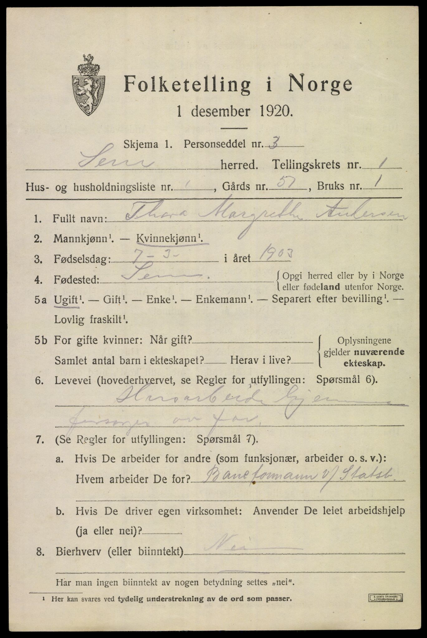 SAKO, 1920 census for Sem, 1920, p. 2783