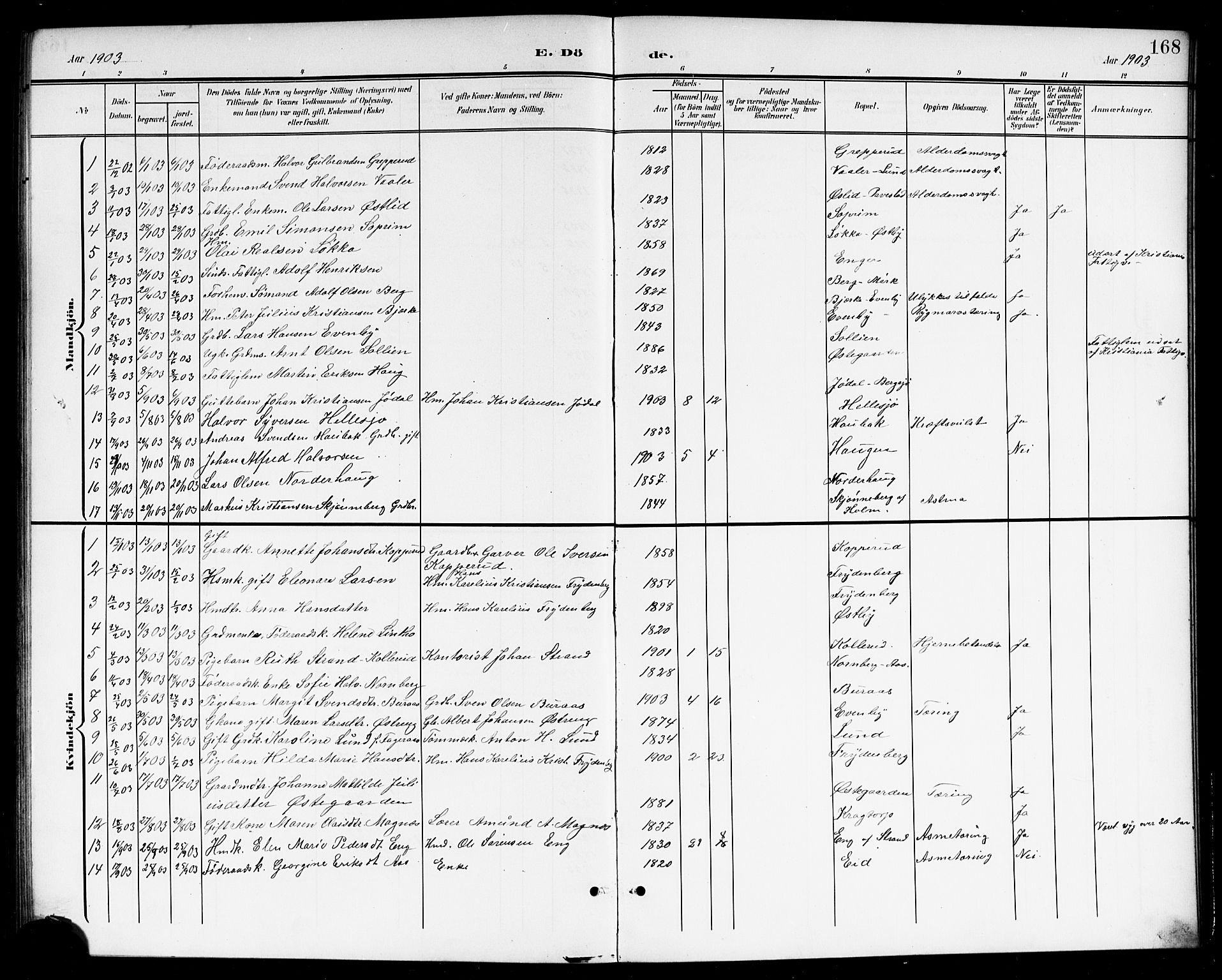 Høland prestekontor Kirkebøker, SAO/A-10346a/G/Gb/L0001: Parish register (copy) no. II 1, 1902-1919, p. 168