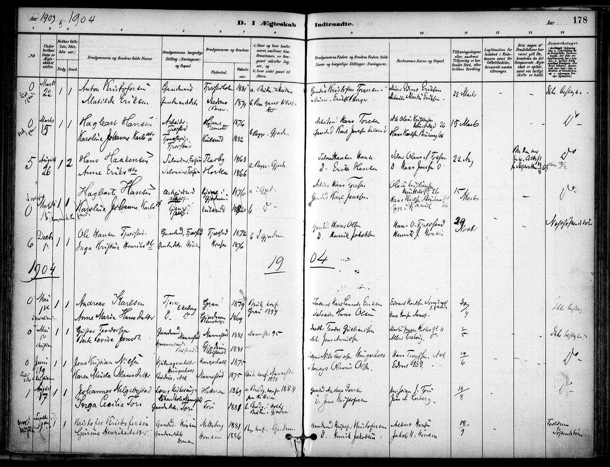 Gjerdrum prestekontor Kirkebøker, SAO/A-10412b/F/Fb/L0001: Parish register (official) no. II 1, 1881-1921, p. 178