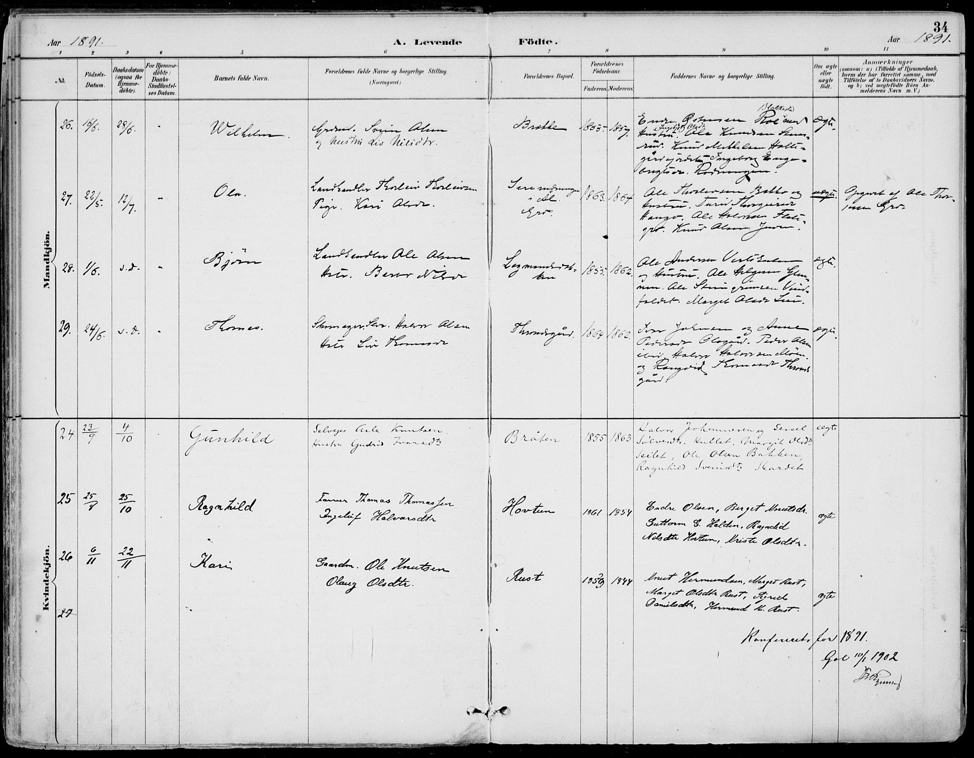 Gol kirkebøker, AV/SAKO-A-226/F/Fa/L0005: Parish register (official) no. I 5, 1887-1900, p. 34