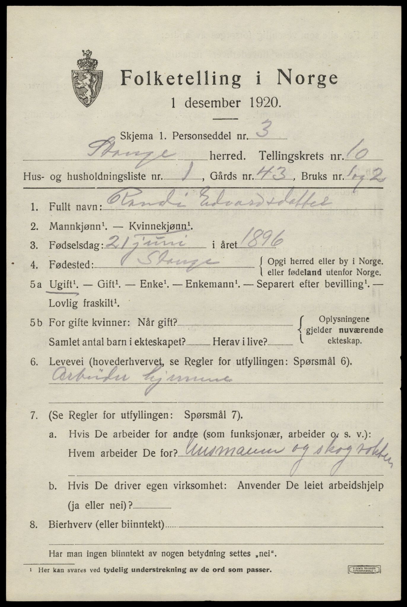 SAH, 1920 census for Stange, 1920, p. 15843