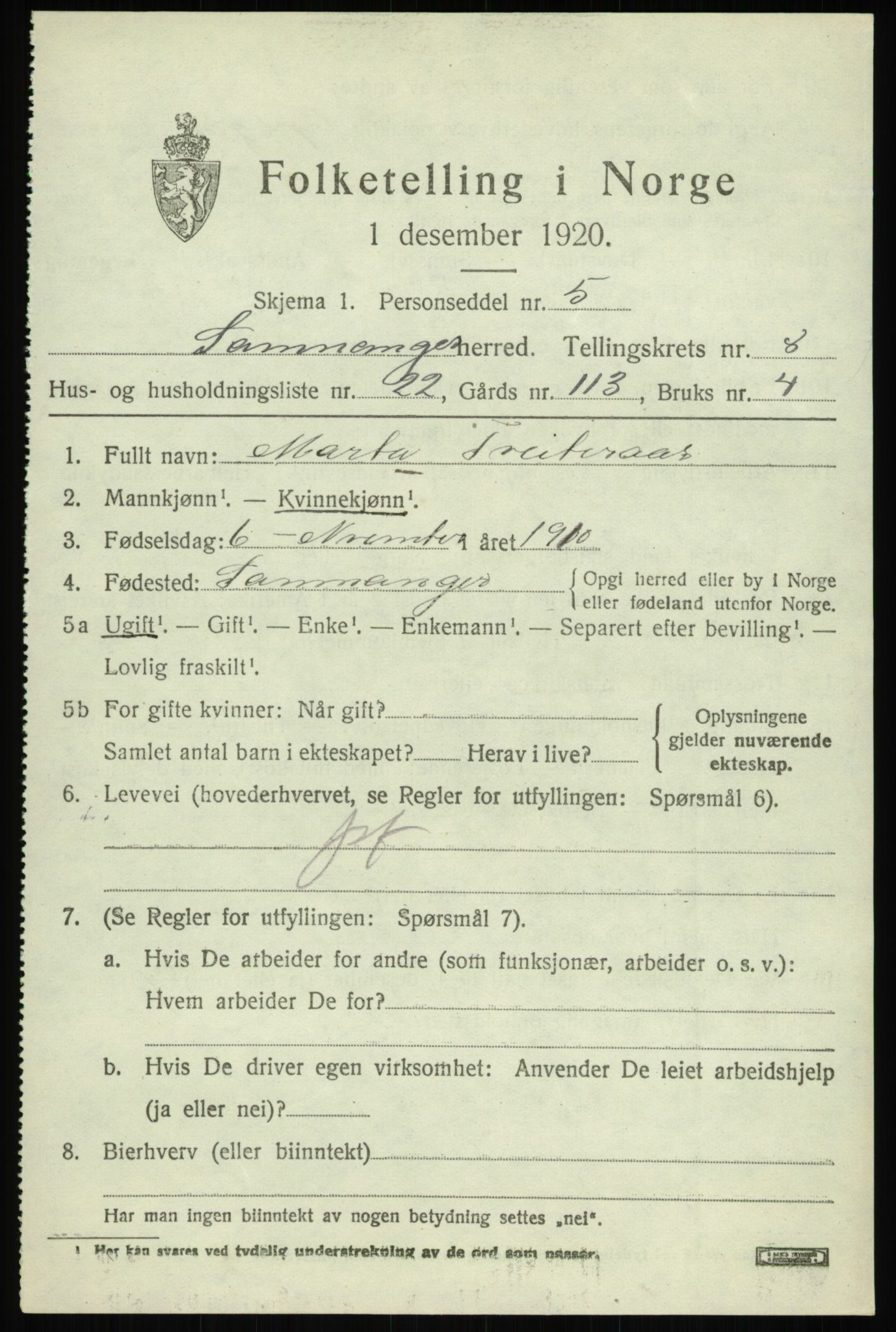 SAB, 1920 census for Samnanger, 1920, p. 3847