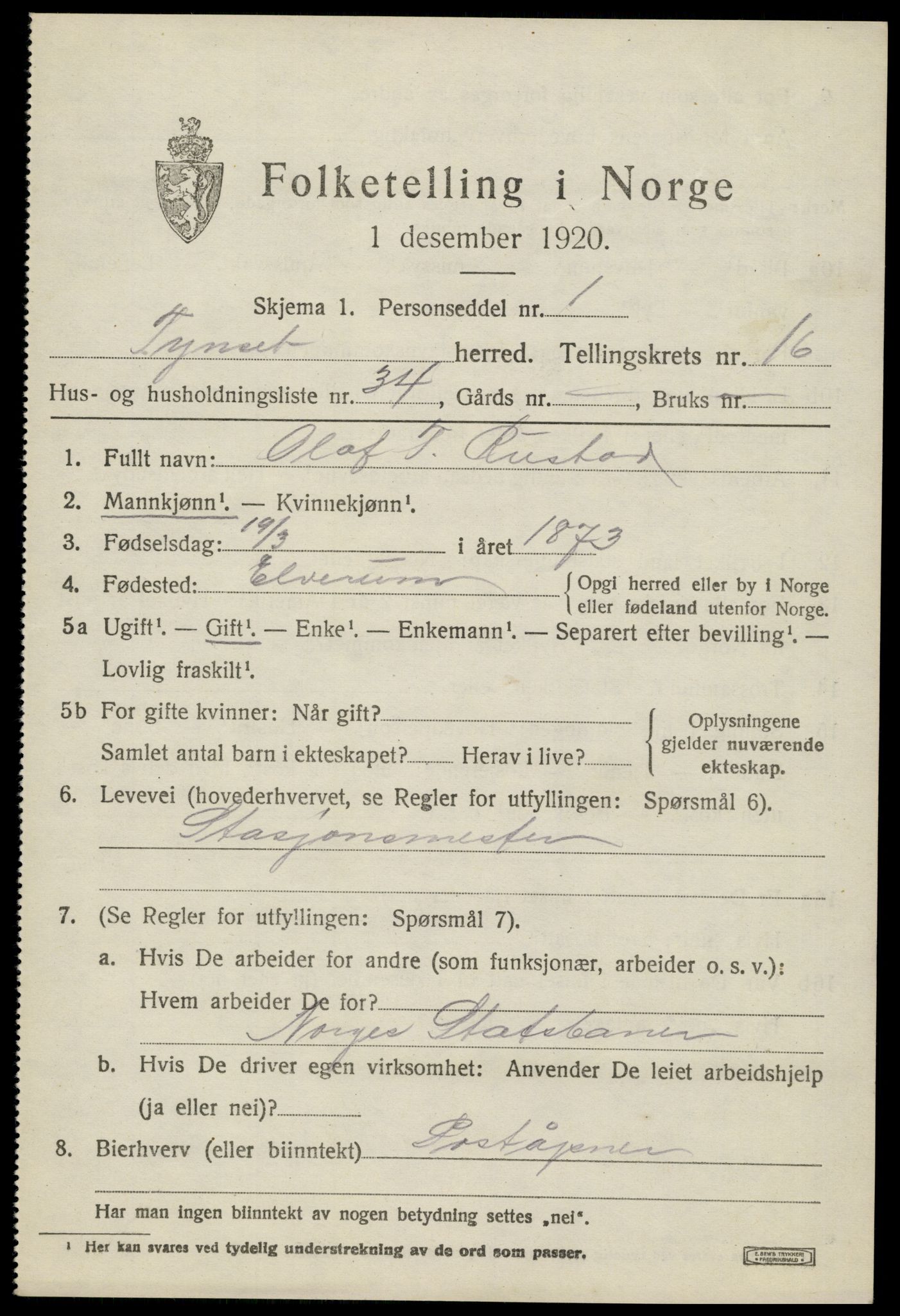 SAH, 1920 census for Tynset, 1920, p. 10054