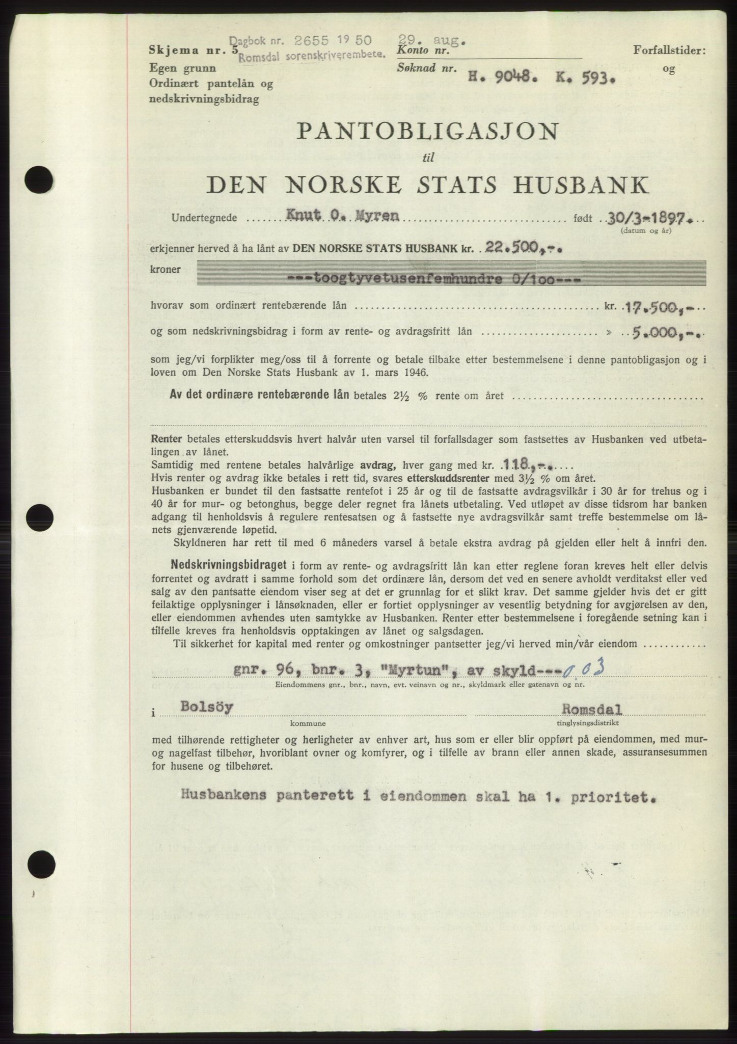 Romsdal sorenskriveri, AV/SAT-A-4149/1/2/2C: Mortgage book no. B5, 1949-1950, Diary no: : 2655/1950