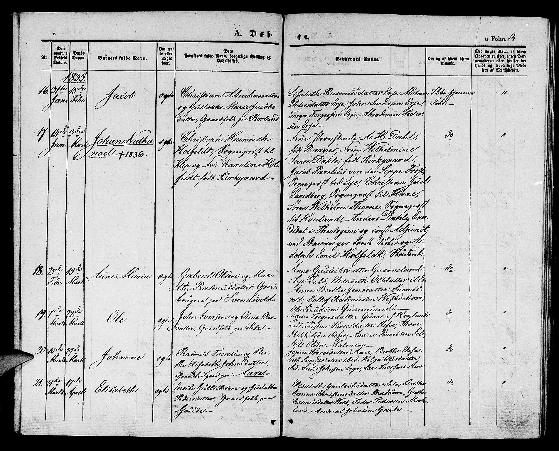 Klepp sokneprestkontor, SAST/A-101803/001/3/30BA/L0003: Parish register (official) no. A 3, 1833-1842, p. 14