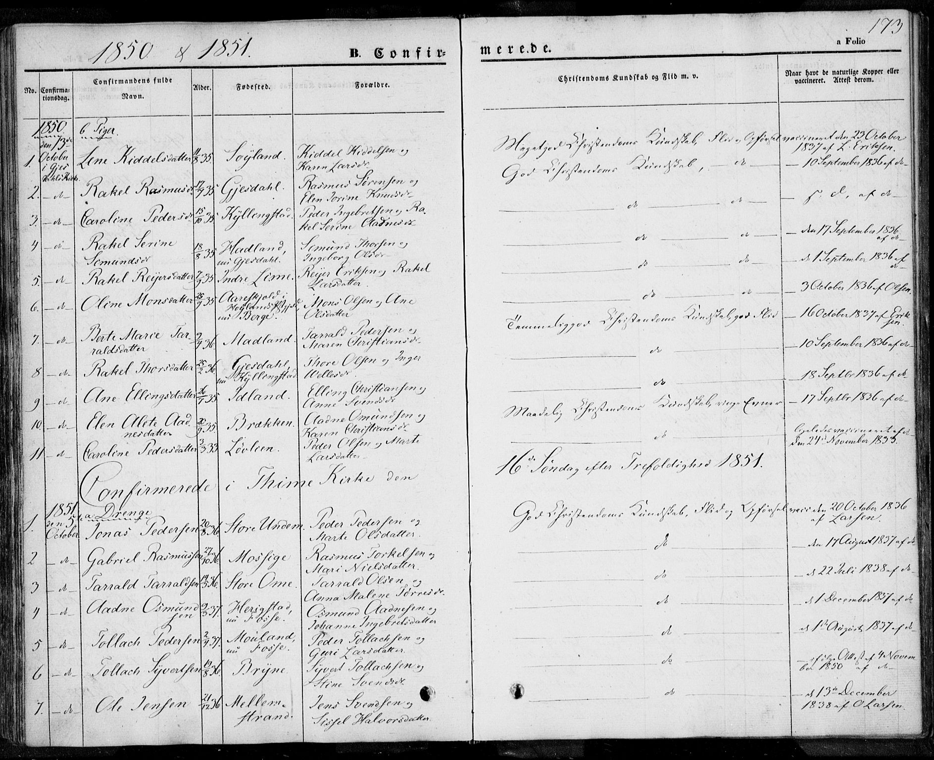 Lye sokneprestkontor, SAST/A-101794/001/30BA/L0005: Parish register (official) no. A 5.1, 1842-1855, p. 173