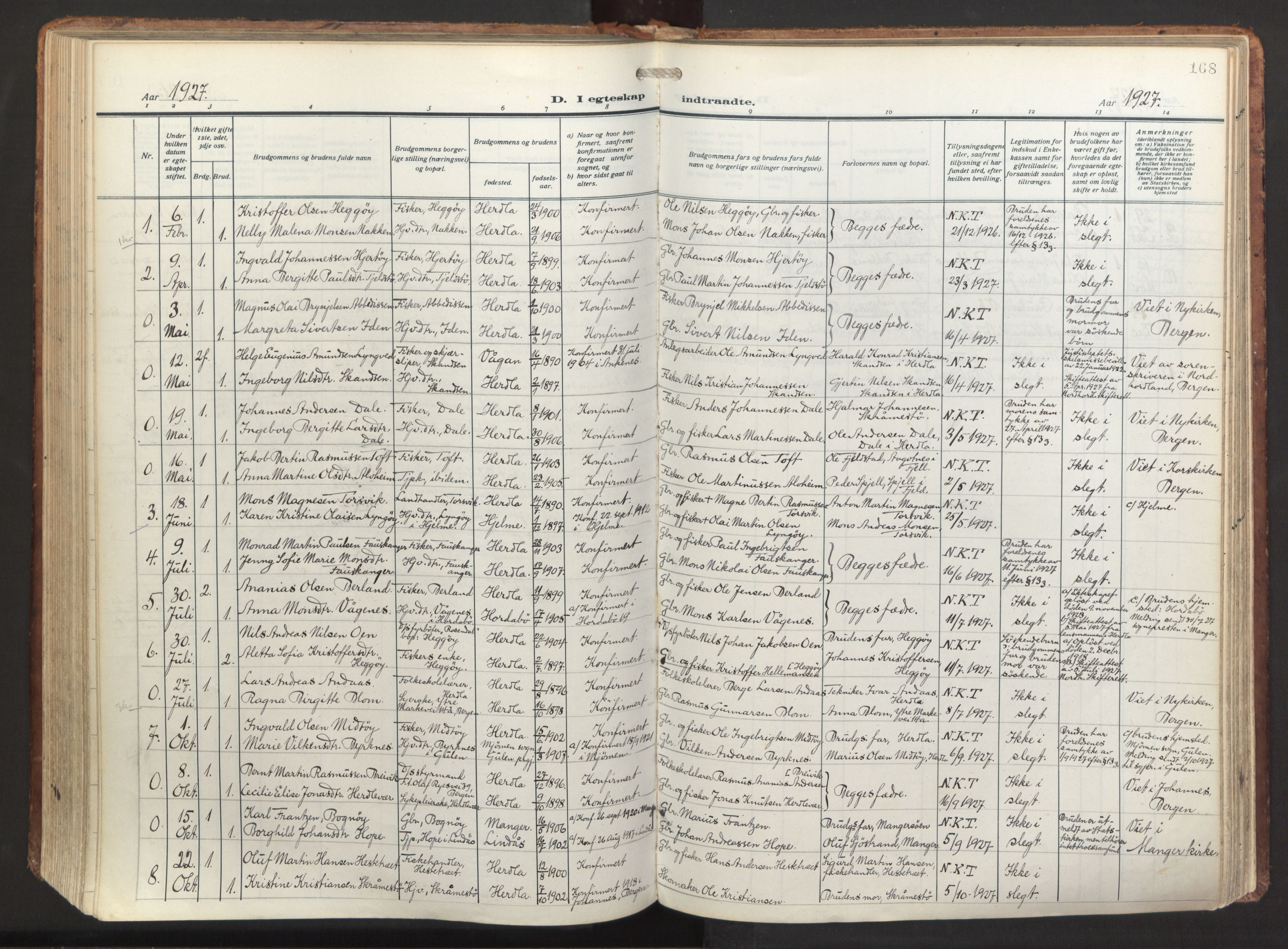 Herdla Sokneprestembete, SAB/A-75701/H/Haa: Parish register (official) no. A 6, 1918-1933, p. 168