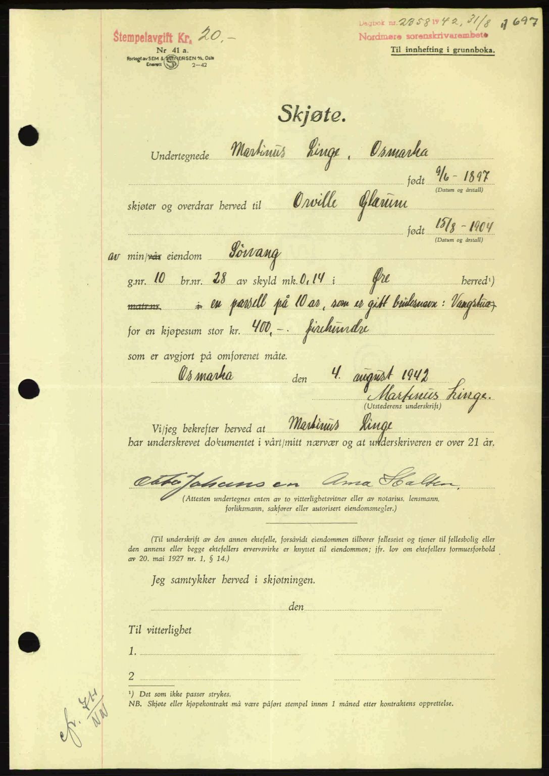 Nordmøre sorenskriveri, AV/SAT-A-4132/1/2/2Ca: Mortgage book no. A93, 1942-1942, Diary no: : 2358/1942