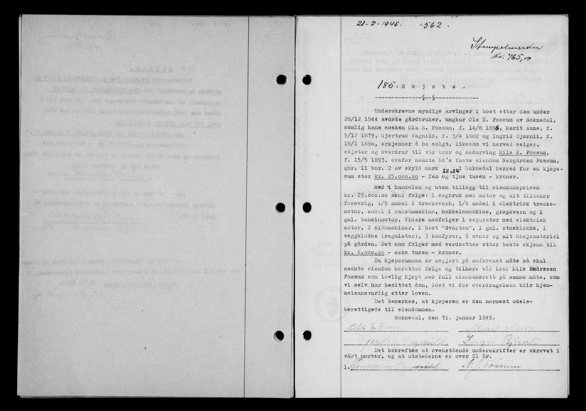 Gauldal sorenskriveri, SAT/A-0014/1/2/2C/L0058: Mortgage book no. 63, 1944-1945, Diary no: : 185/1945
