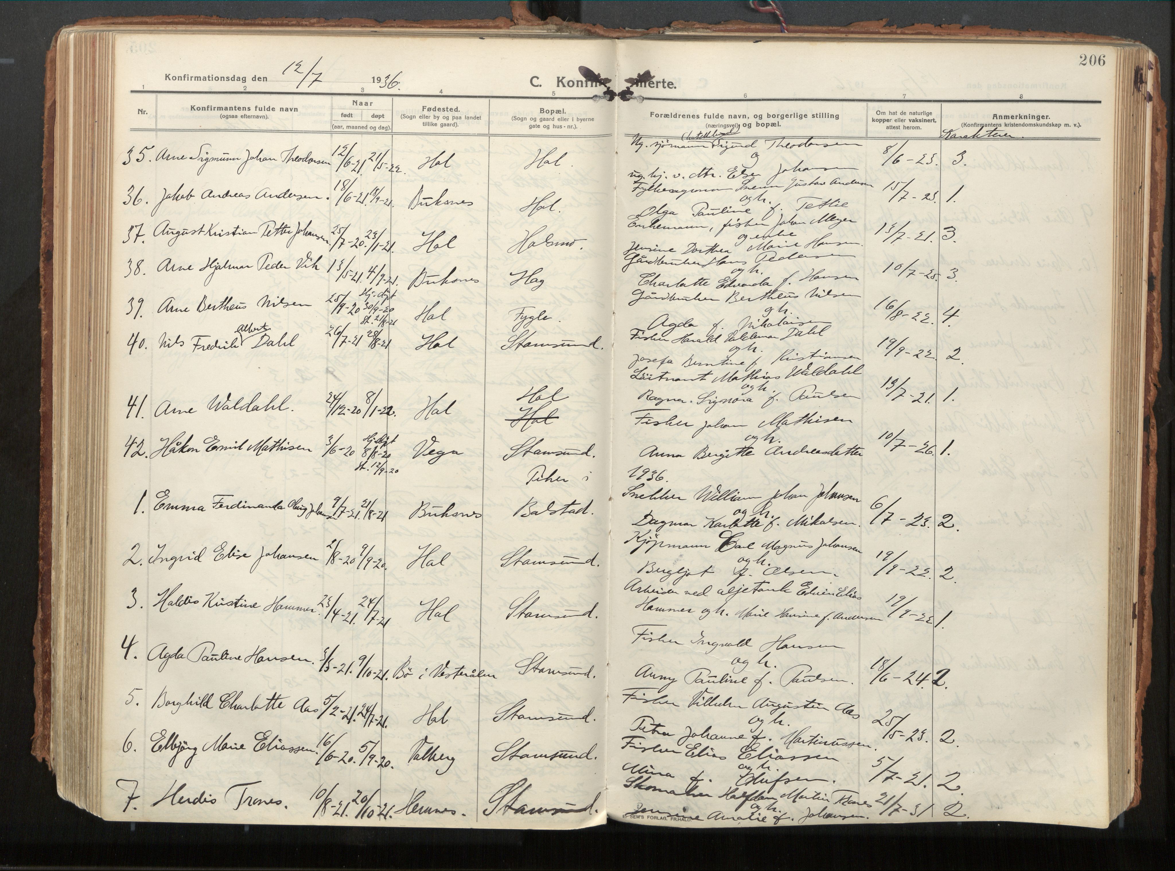 Ministerialprotokoller, klokkerbøker og fødselsregistre - Nordland, AV/SAT-A-1459/882/L1181: Parish register (official) no. 882A03, 1913-1937, p. 206