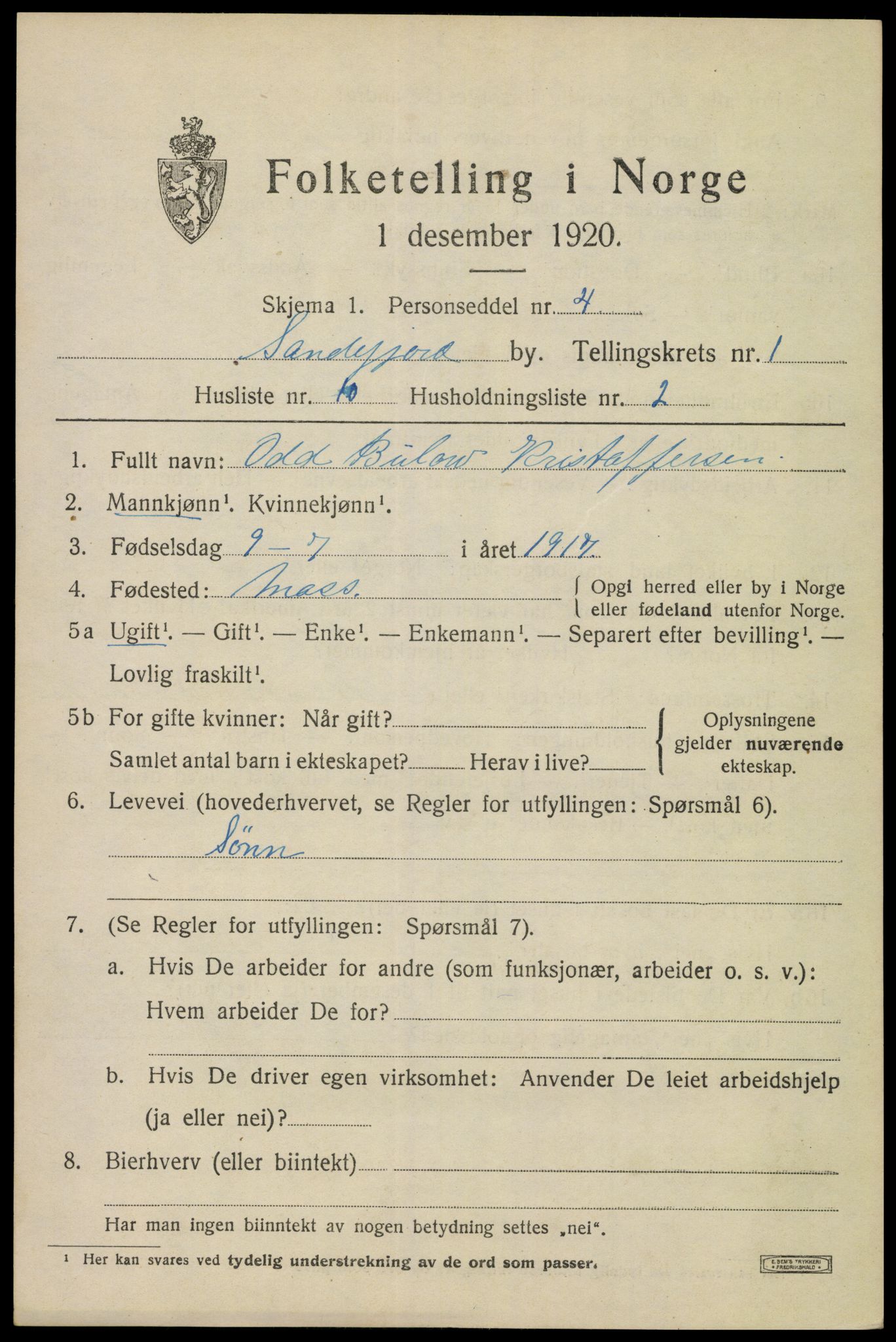 SAKO, 1920 census for Sandefjord, 1920, p. 4314