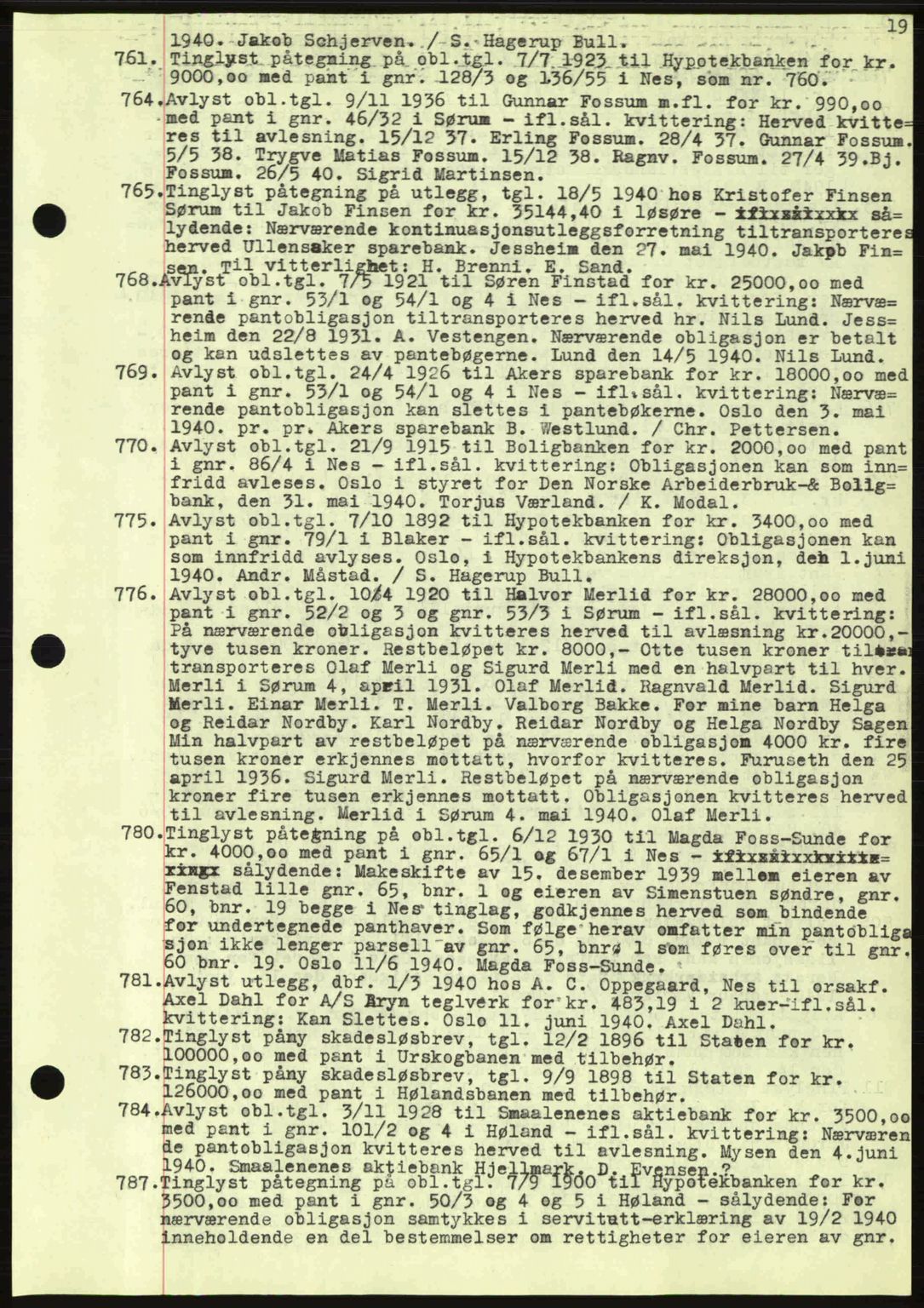 Nes tingrett, SAO/A-10548/G/Gb/Gbb/L0010: Mortgage book no. 54, 1939-1940, Diary no: : 761/1940