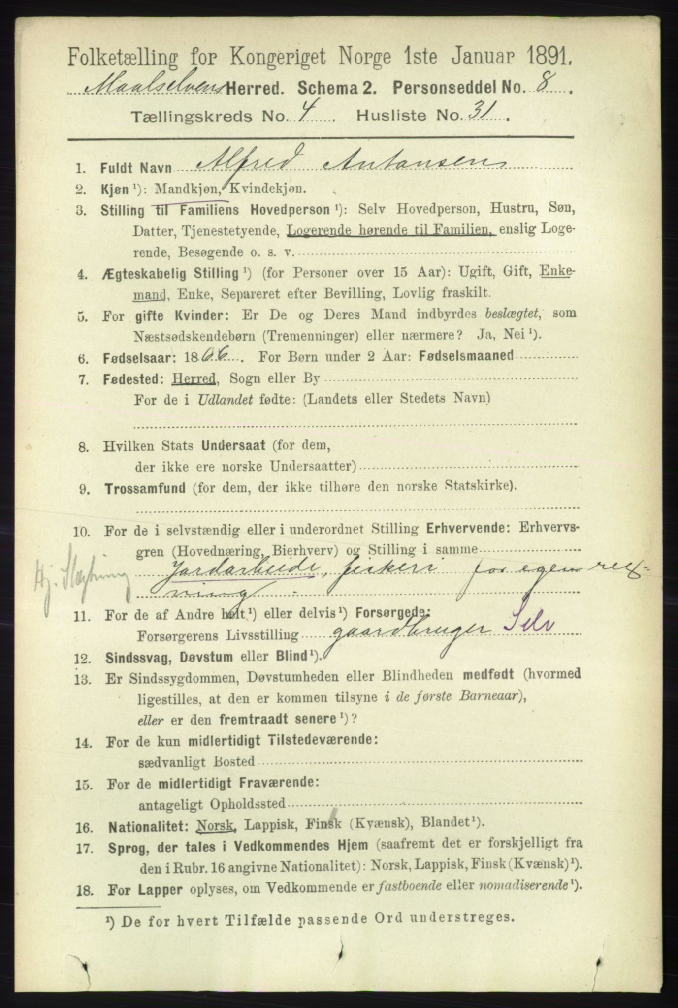 RA, 1891 census for 1924 Målselv, 1891, p. 1320