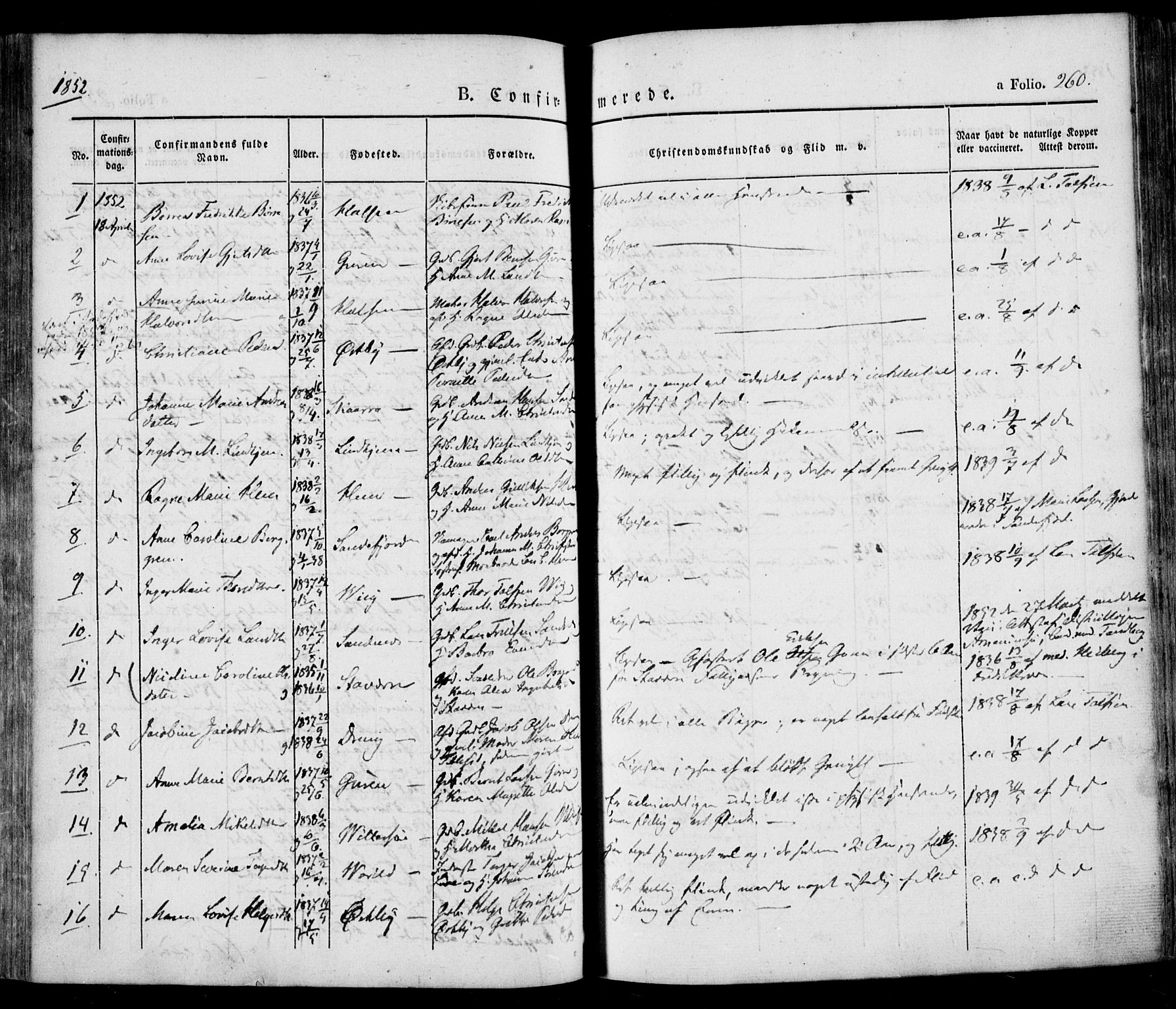 Tjølling kirkebøker, AV/SAKO-A-60/F/Fa/L0006: Parish register (official) no. 6, 1835-1859, p. 260