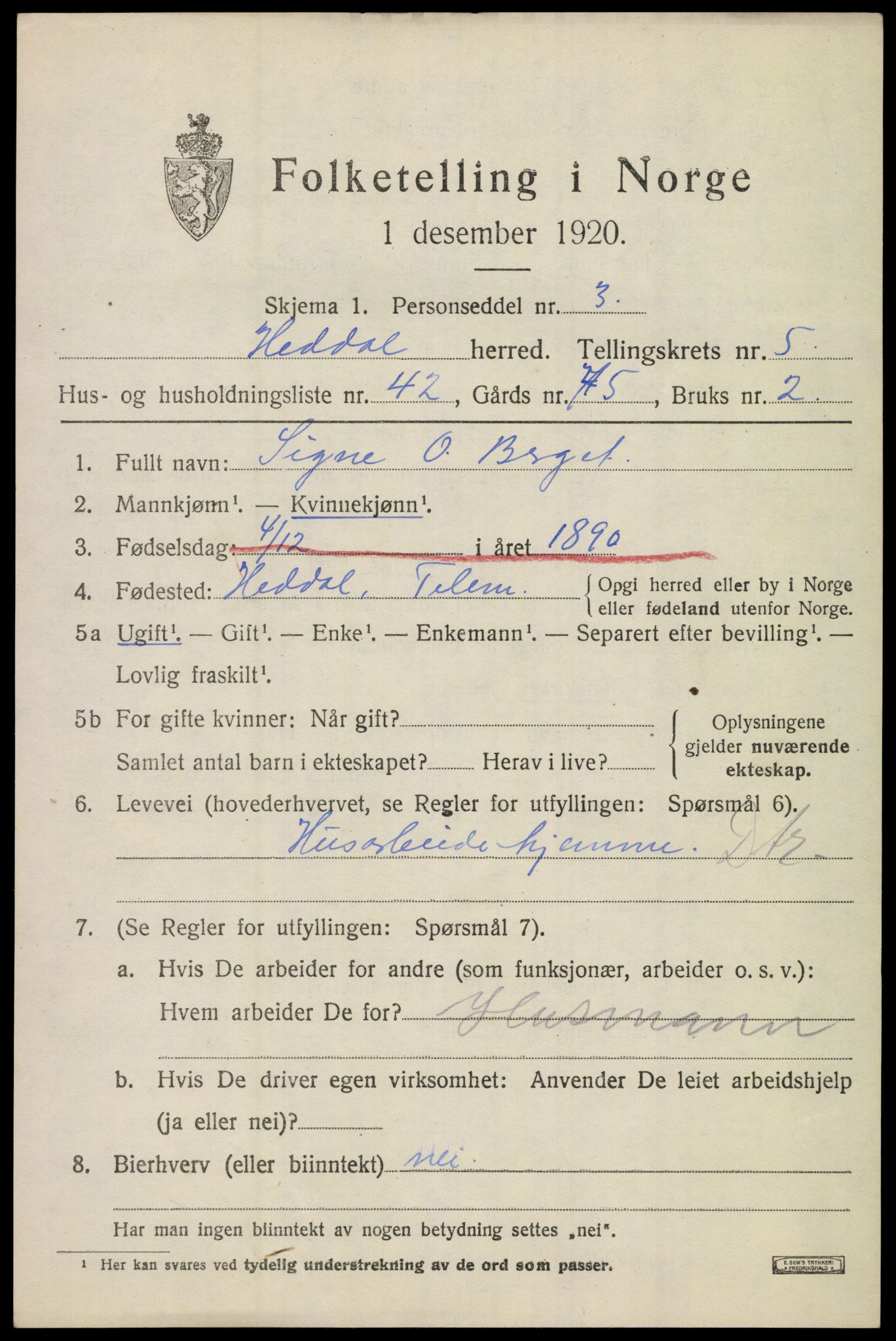 SAKO, 1920 census for Heddal, 1920, p. 5190