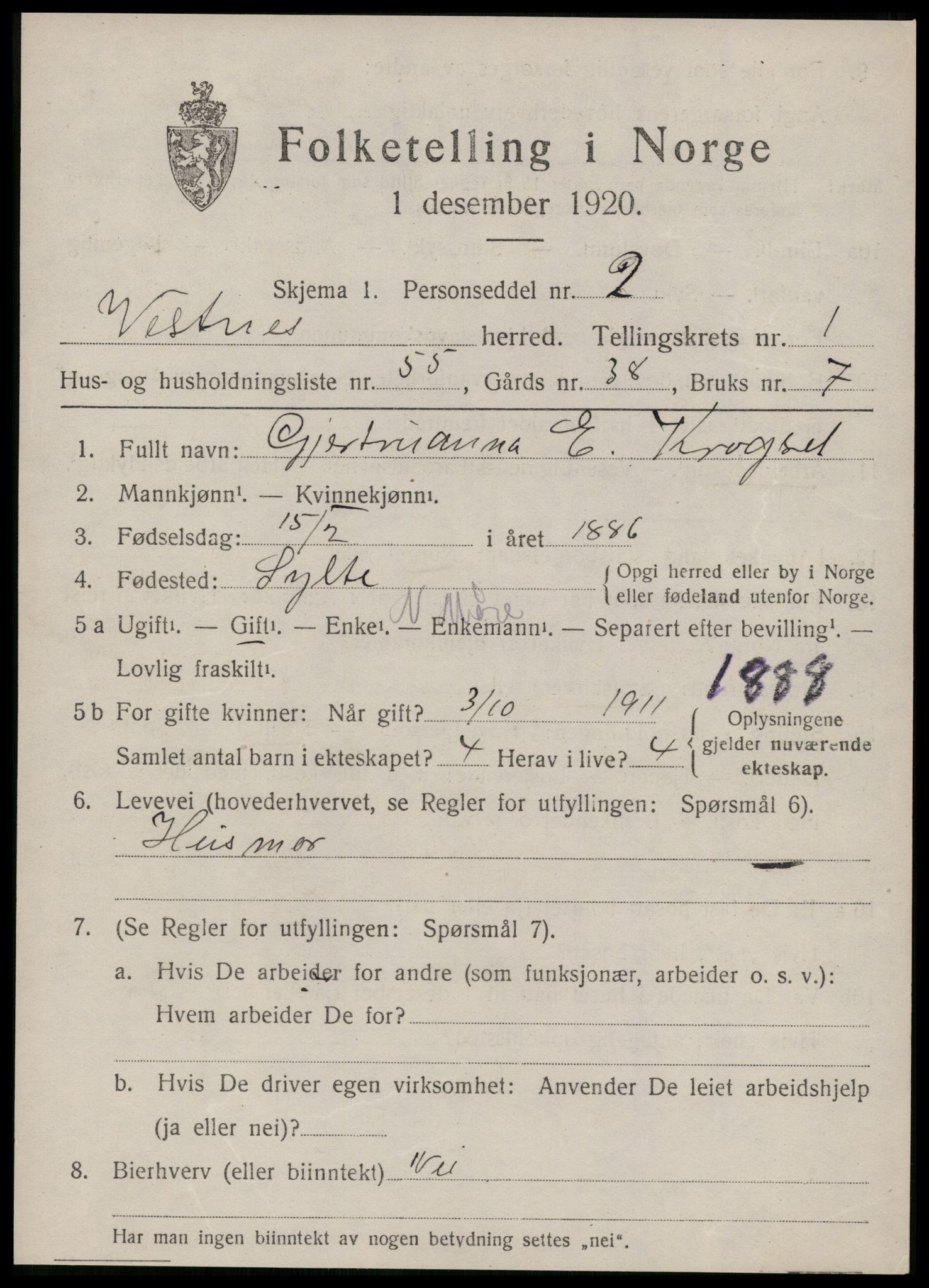 SAT, 1920 census for Vestnes, 1920, p. 1869